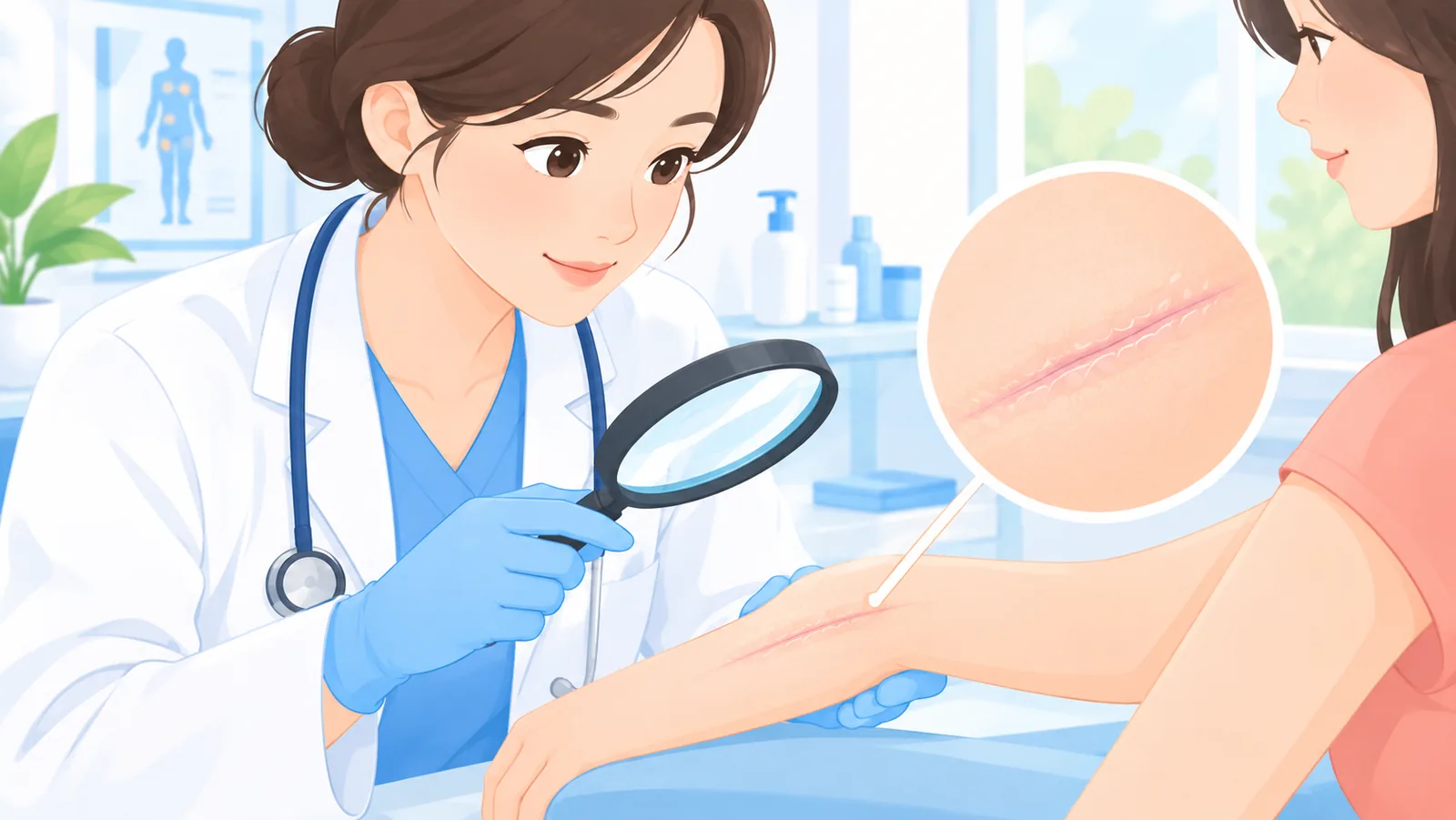 Dermatologist examining a patient's scar