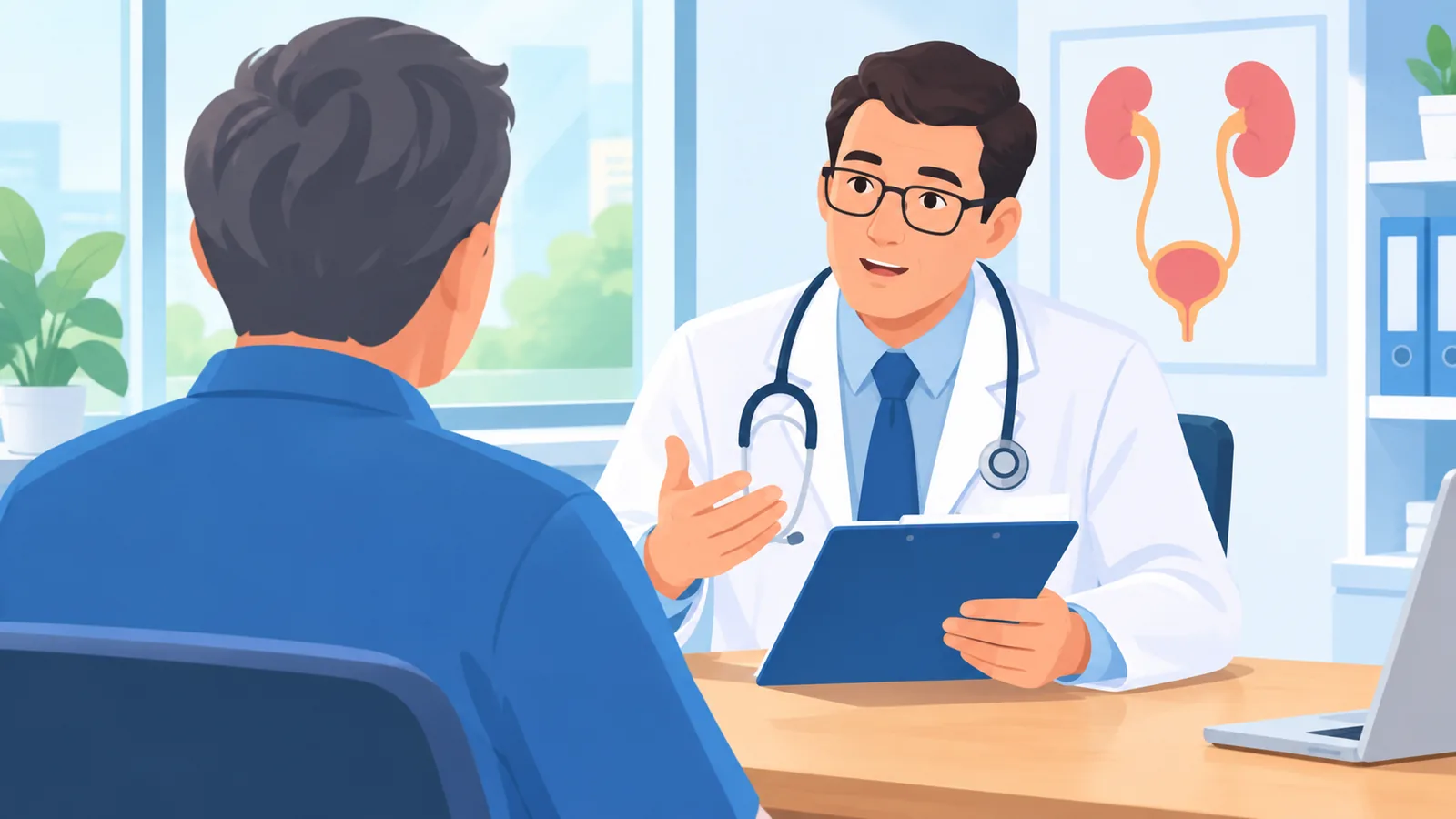 Patient discussing enlarged prostate treatment options with a urologist in a clinic