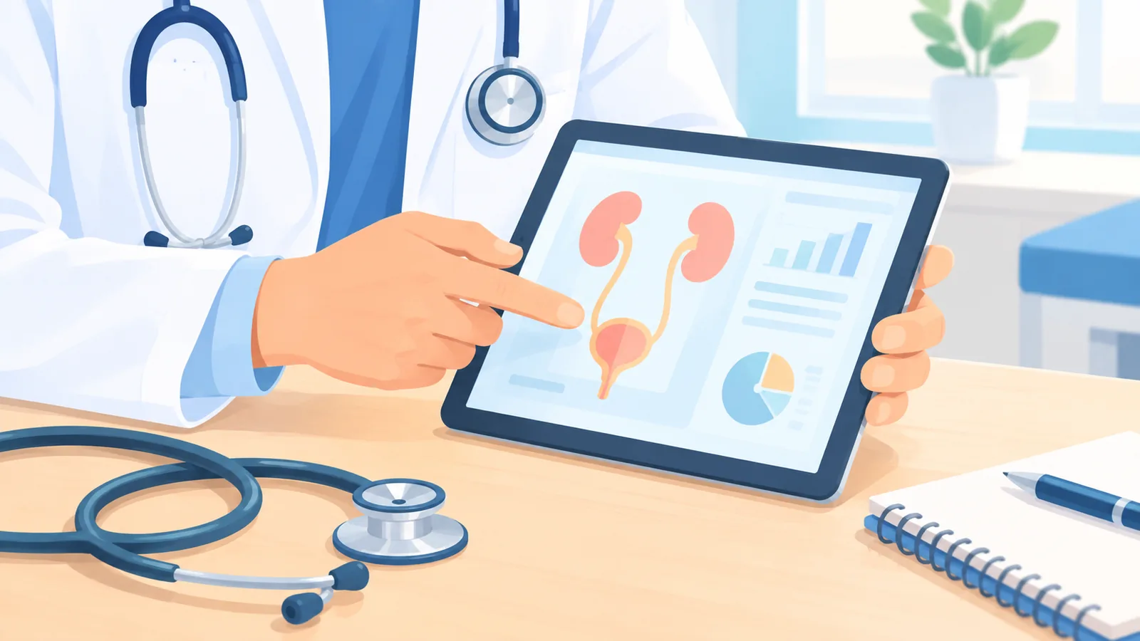 Urologist reviewing test results on a tablet to choose a prostate procedure