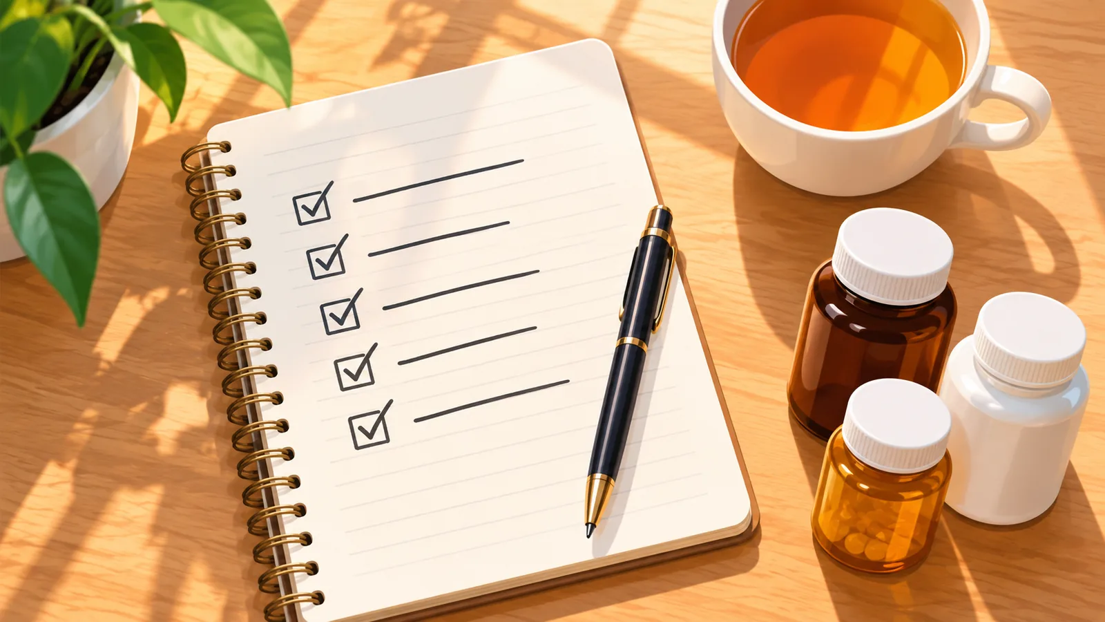 Notebook with a selection criteria checklist beside supplement bottles on a desk