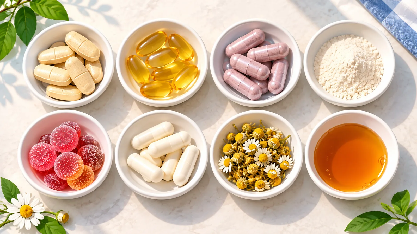 Eight different supplement forms arranged in a neat grid