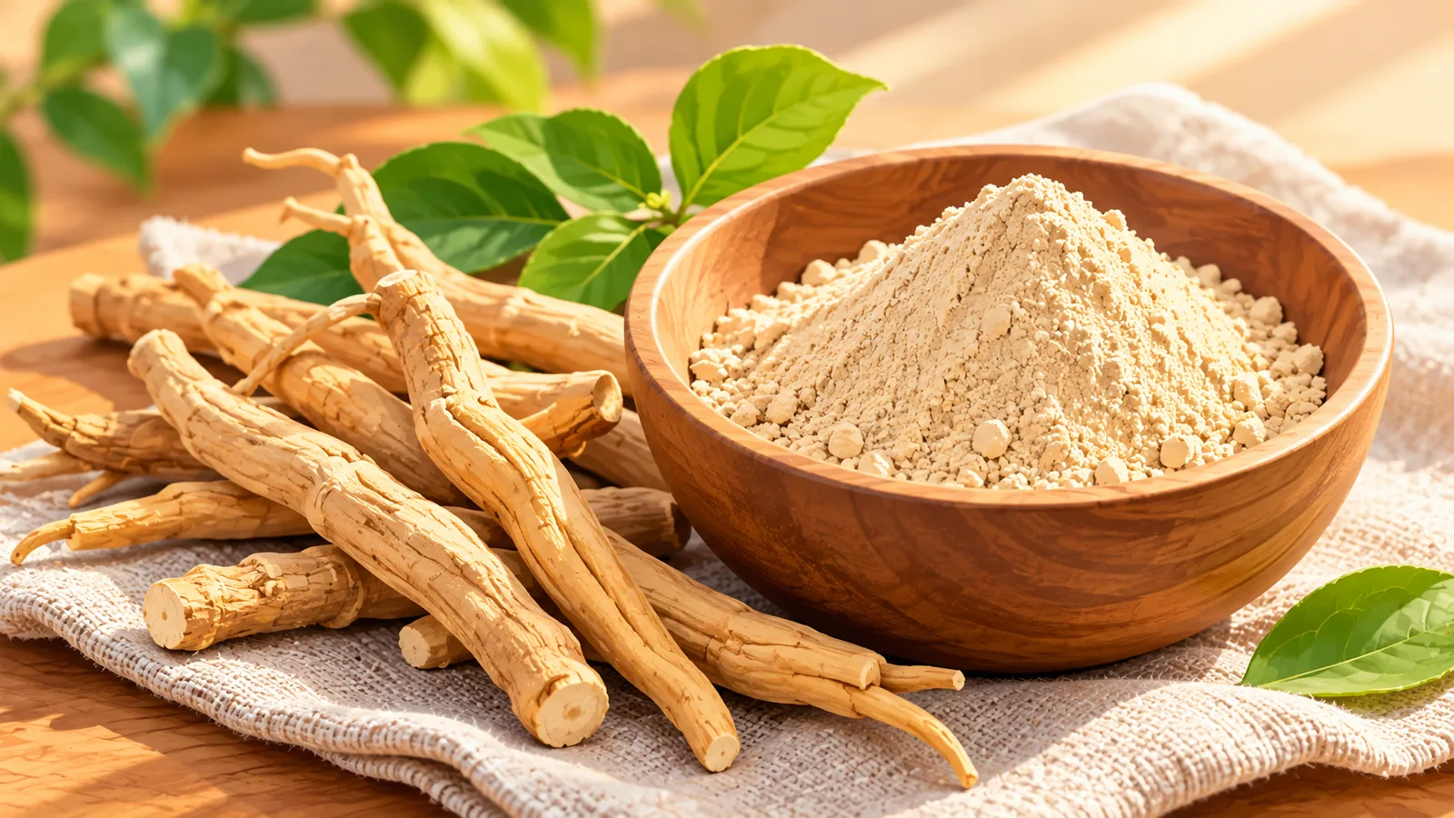 Ashwagandha root and powder in a wooden bowl