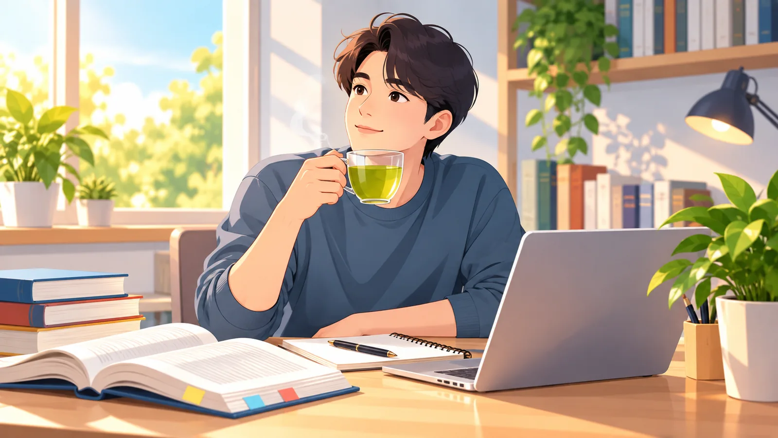 Person studying at a desk with a cup of green tea