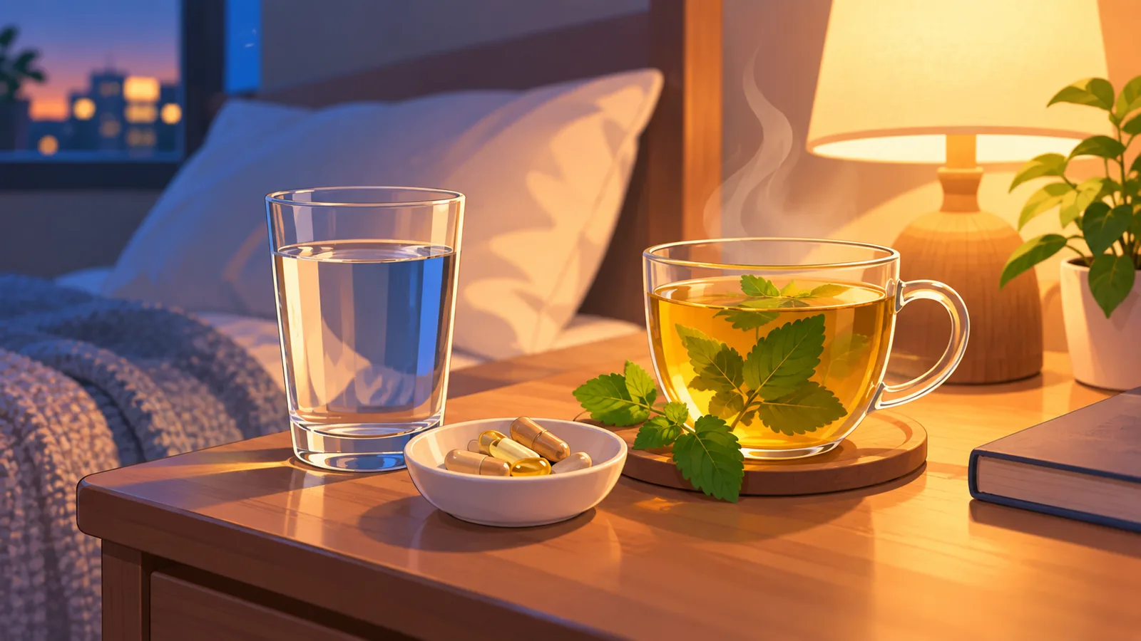 Bedside table with magnesium capsules and lemon balm tea