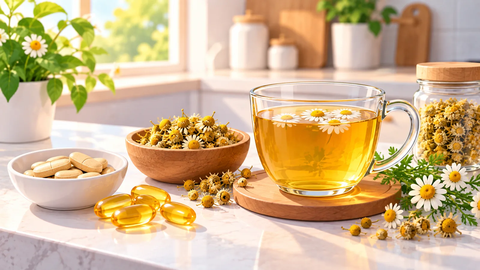 Chamomile tea, fish oil softgels, and B-vitamin tablets on a kitchen counter