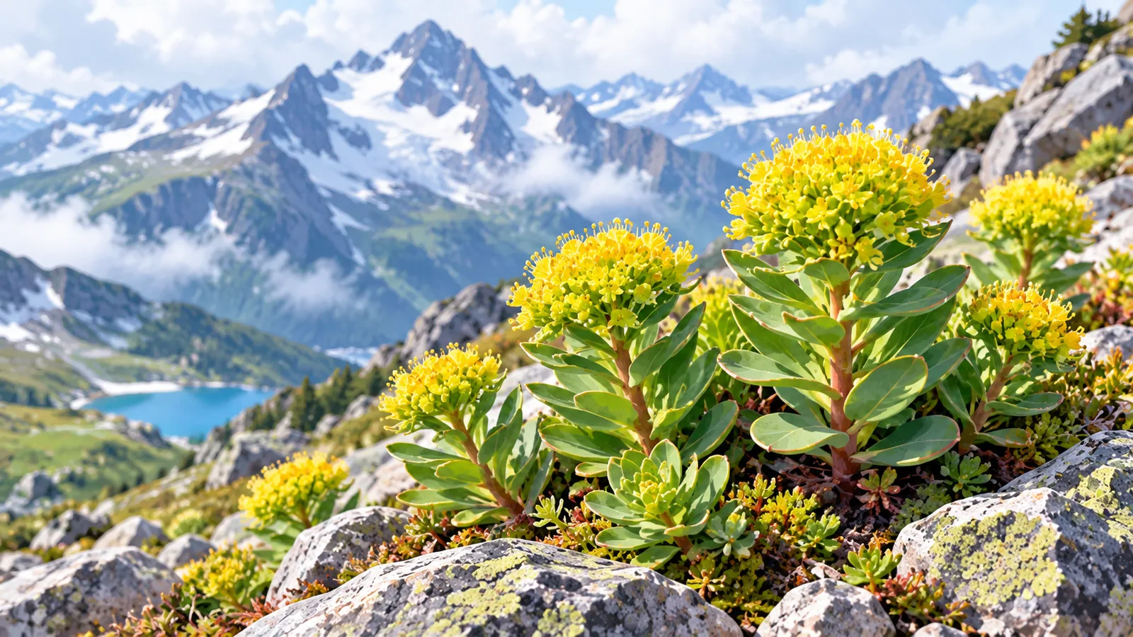 Rhodiola plant growing on a rocky mountain slope