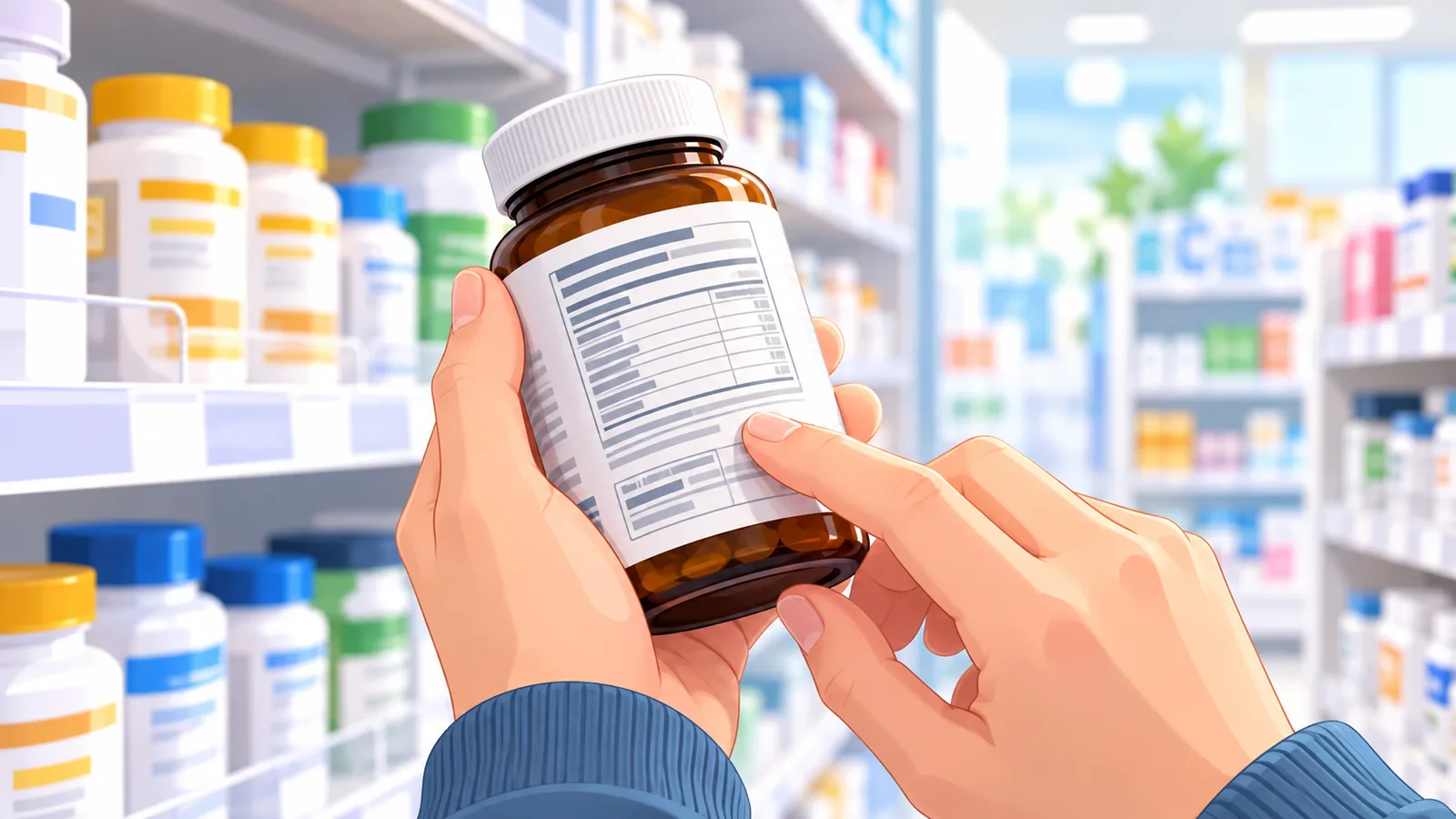 Hand holding a supplement bottle and reading the label
