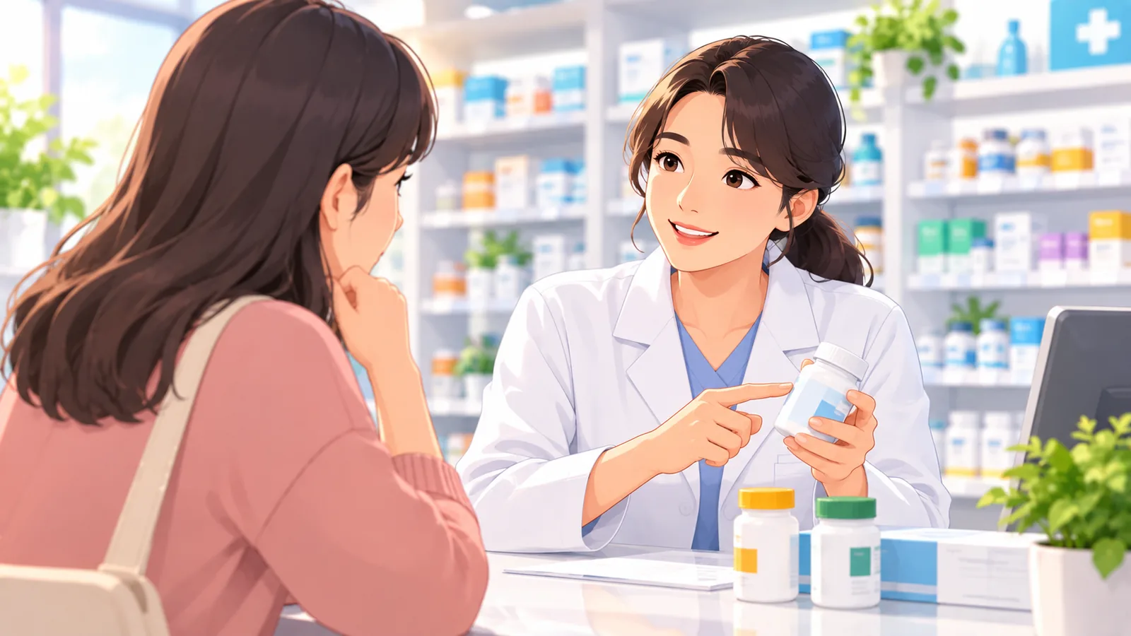 Pharmacist talking with a customer about medications