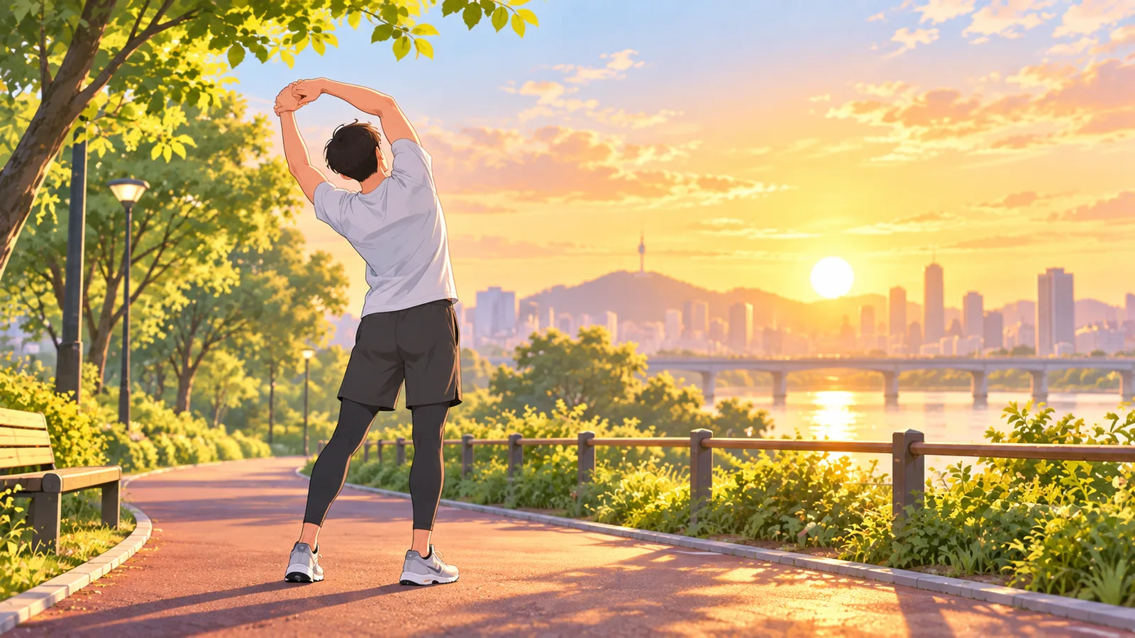 Person stretching outdoors at sunrise
