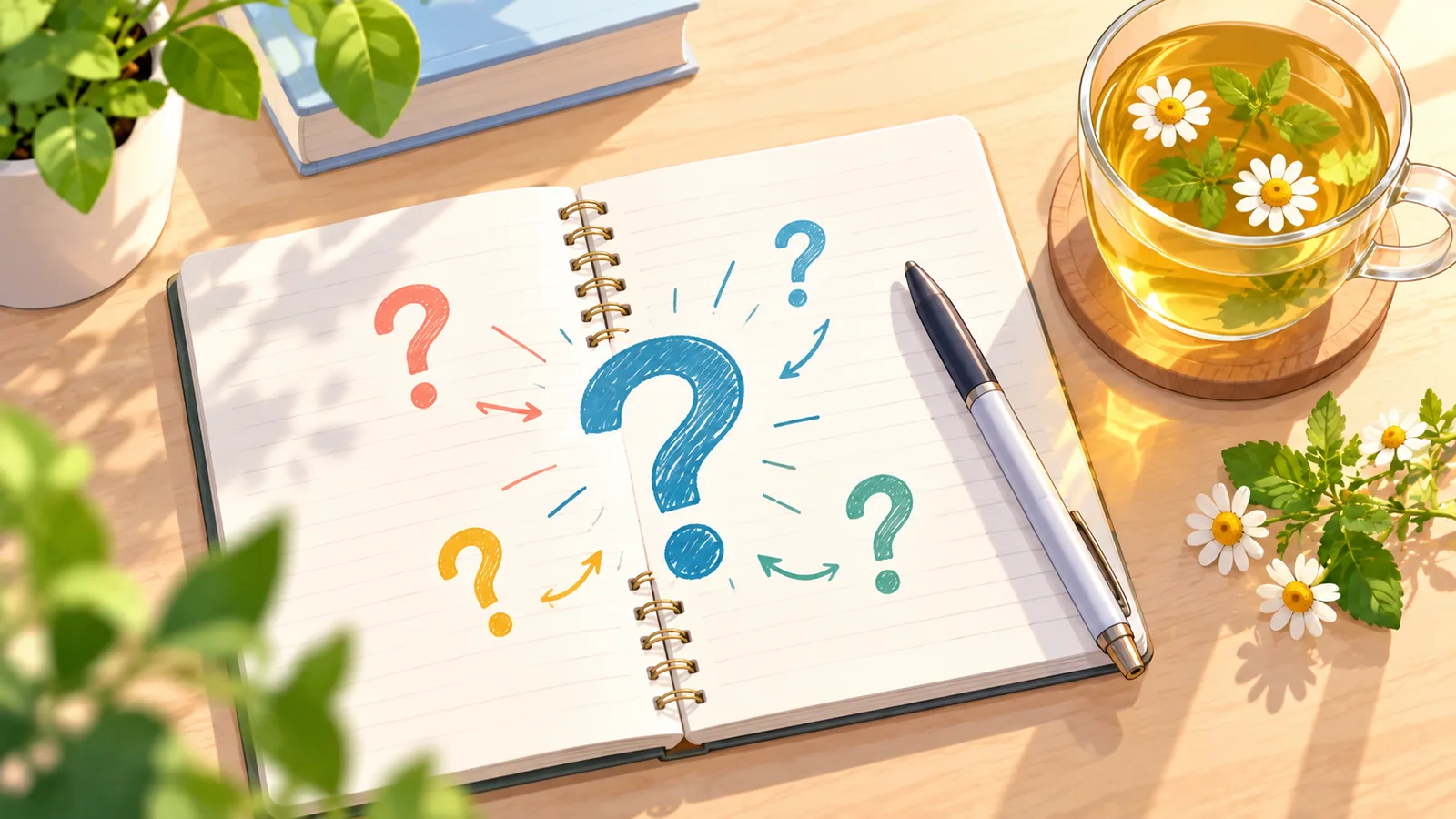Open notebook with question marks next to a cup of tea