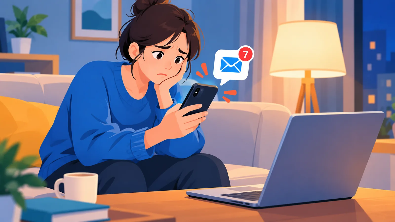 Tired worker checking work notifications on a Sunday evening