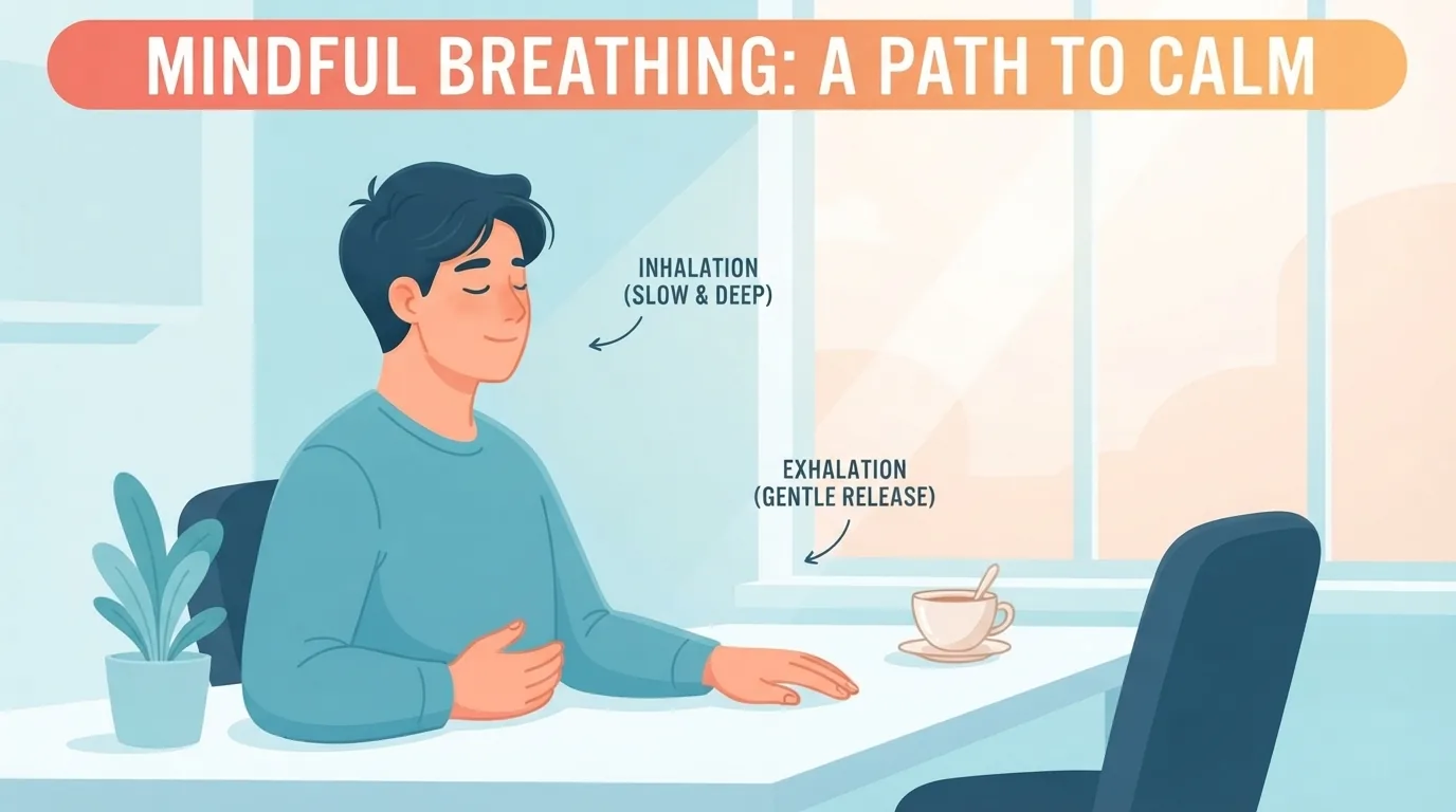 Person practicing slow breathing at their desk