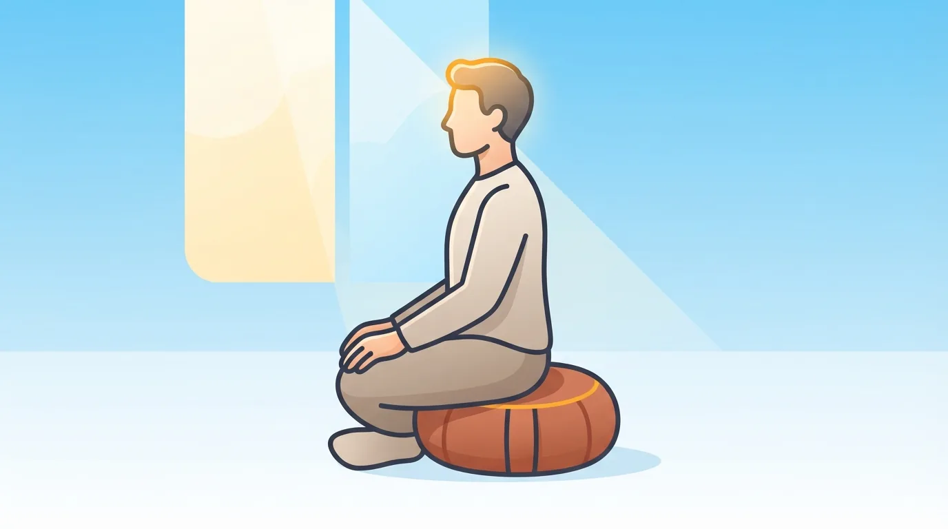 Person sitting upright on a round meditation cushion in a bright living room