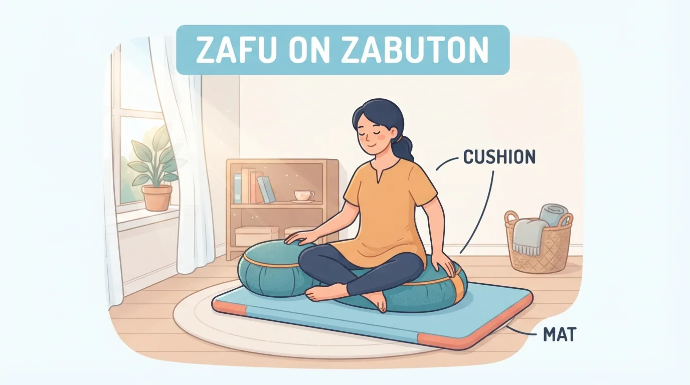 Zafu, zabuton, meditation bench, and support cushion laid out side by side