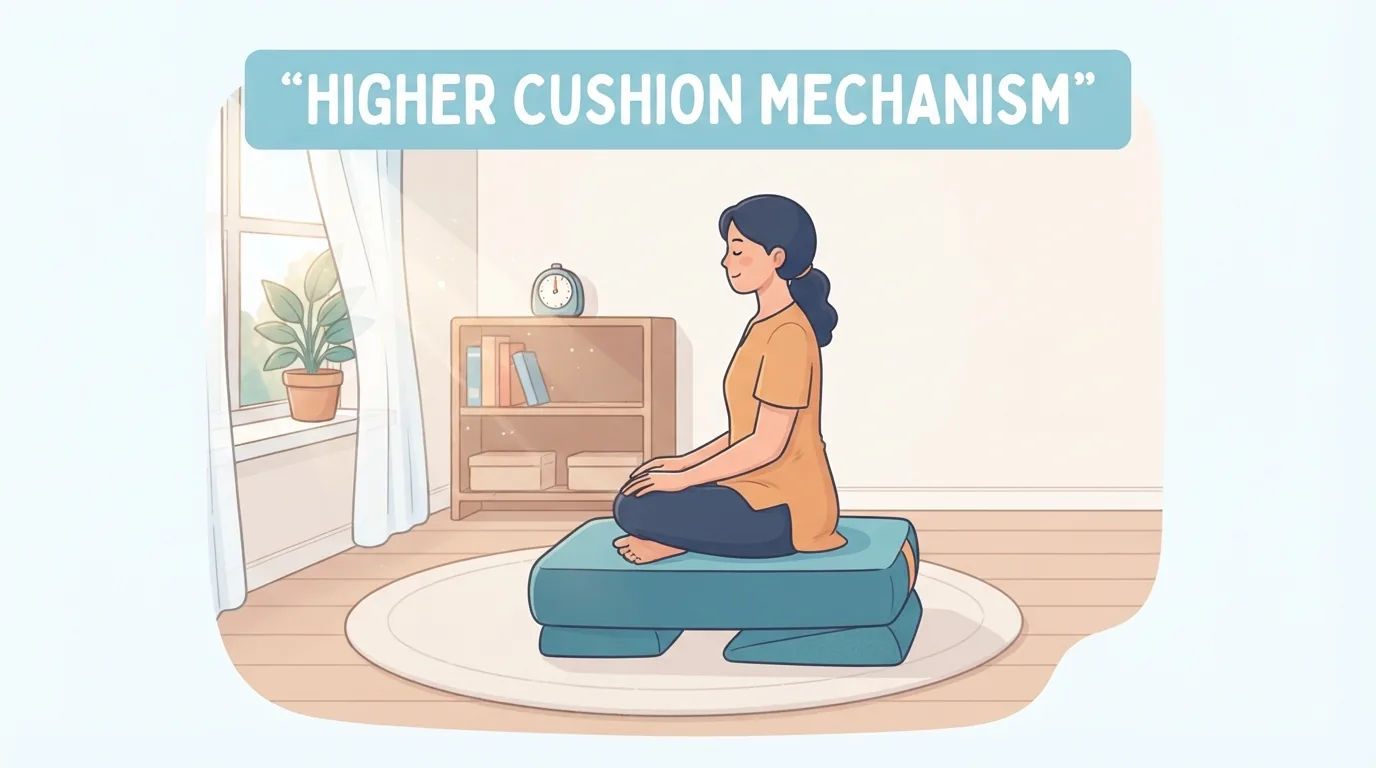 Hands checking the liner zipper and handle of a meditation cushion beside a tape measure