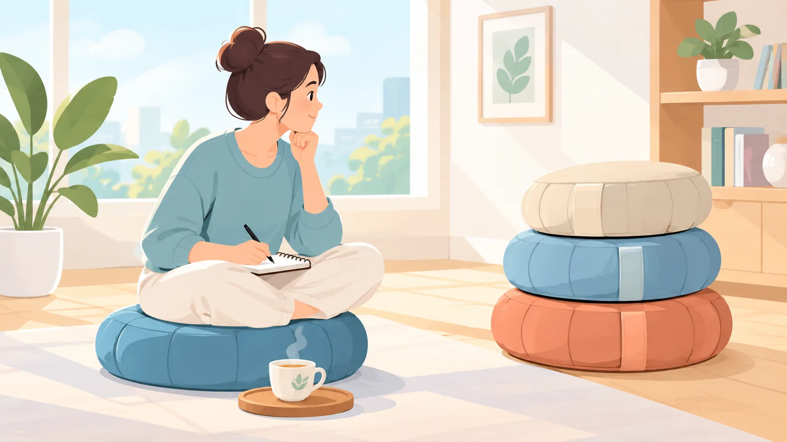 Seated meditator using a tall cushion and folded blanket under the knee