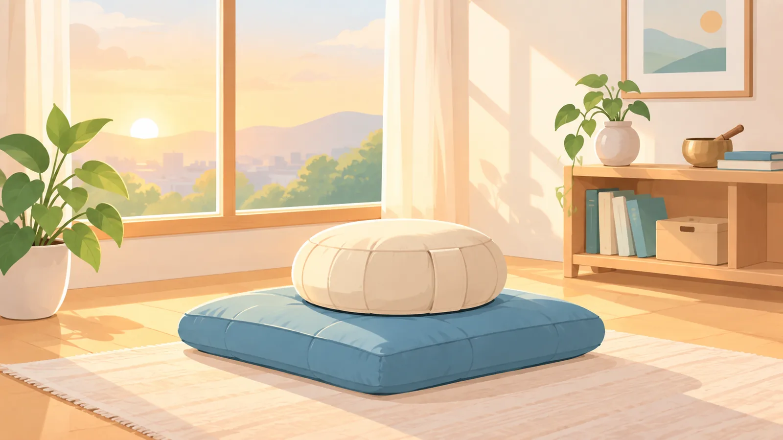 Inflatable and foldable travel meditation seats beside a canvas tote