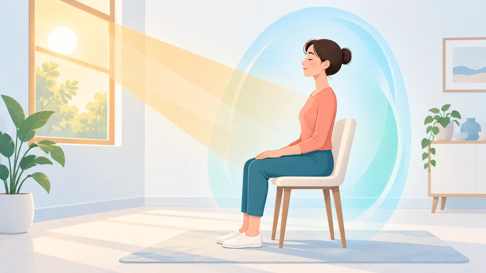 Person meditating in a seated posture in morning light