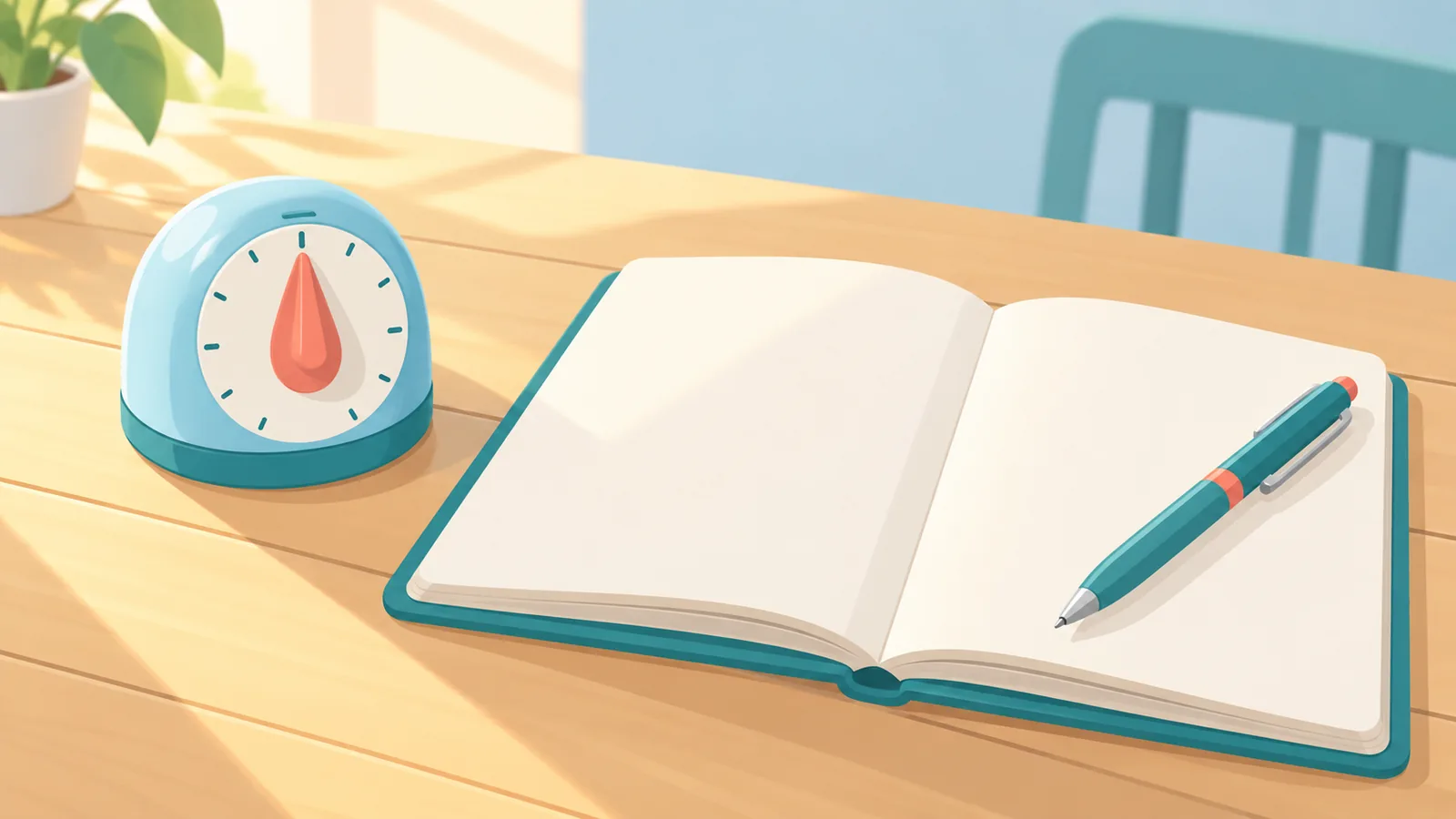 A timer and notebook for a short morning session