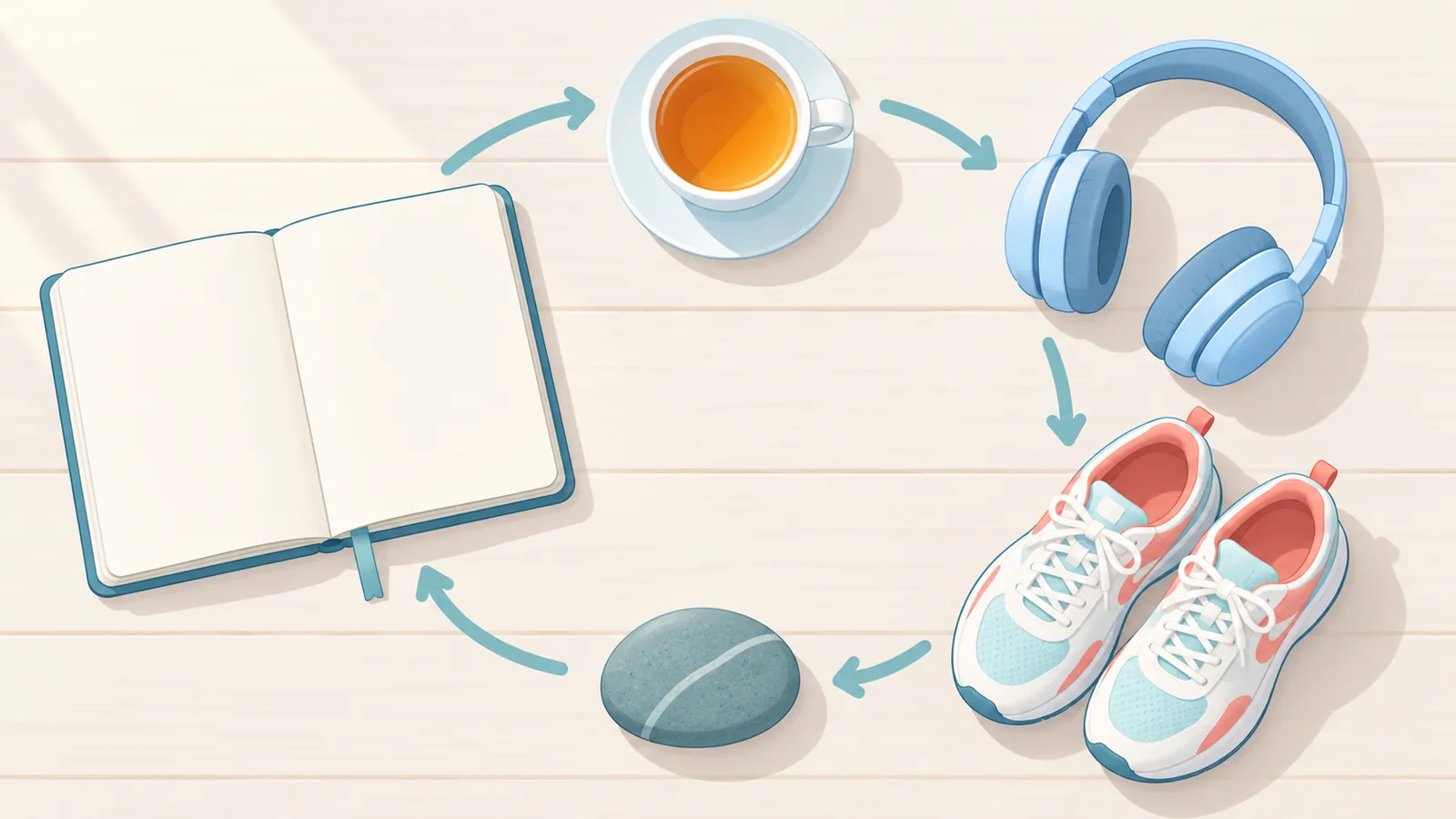 Flat lay of items representing different meditation techniques