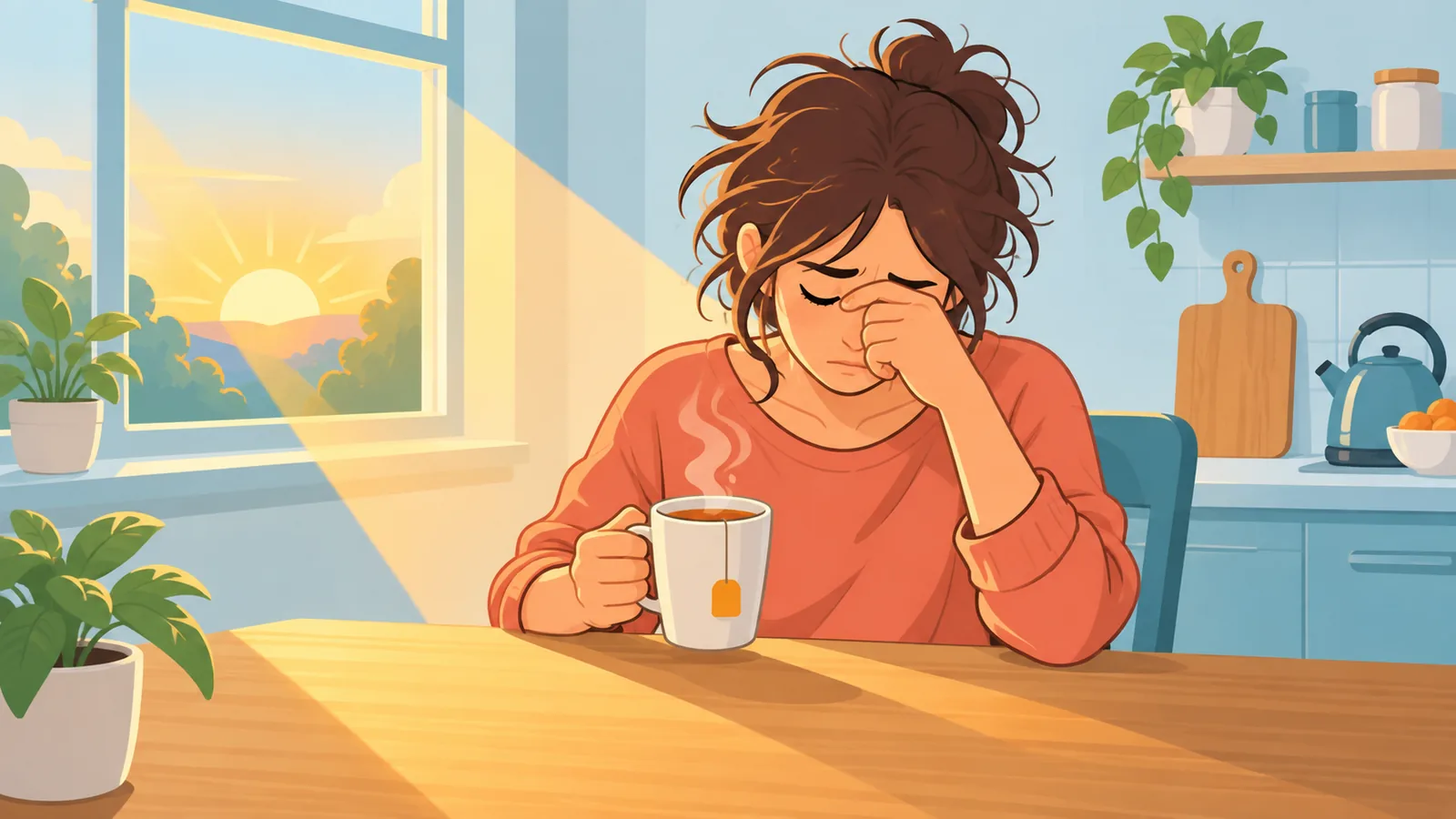 Sleepy person with a mug of tea in the early morning