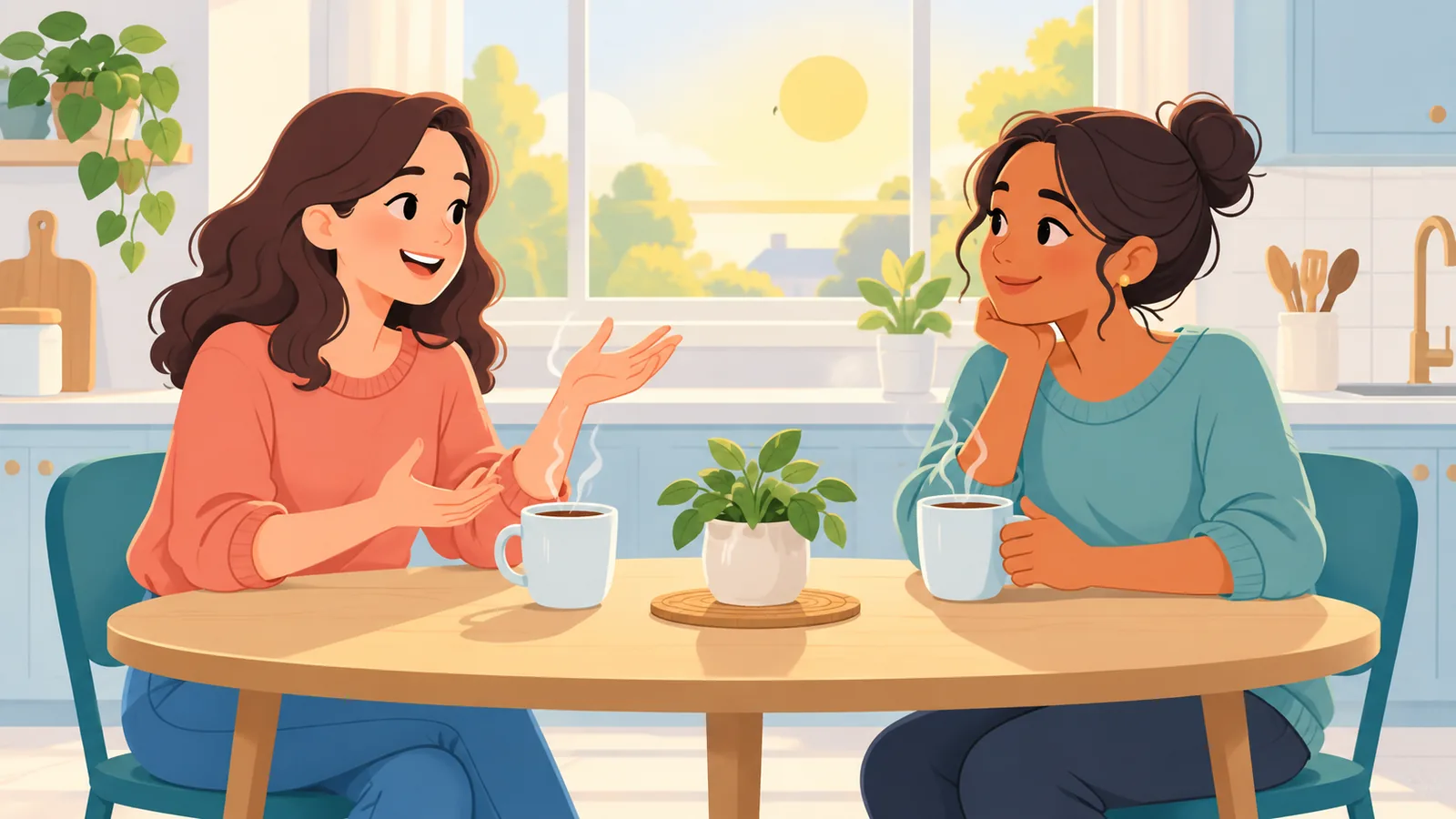 Friends discussing common meditation questions over coffee