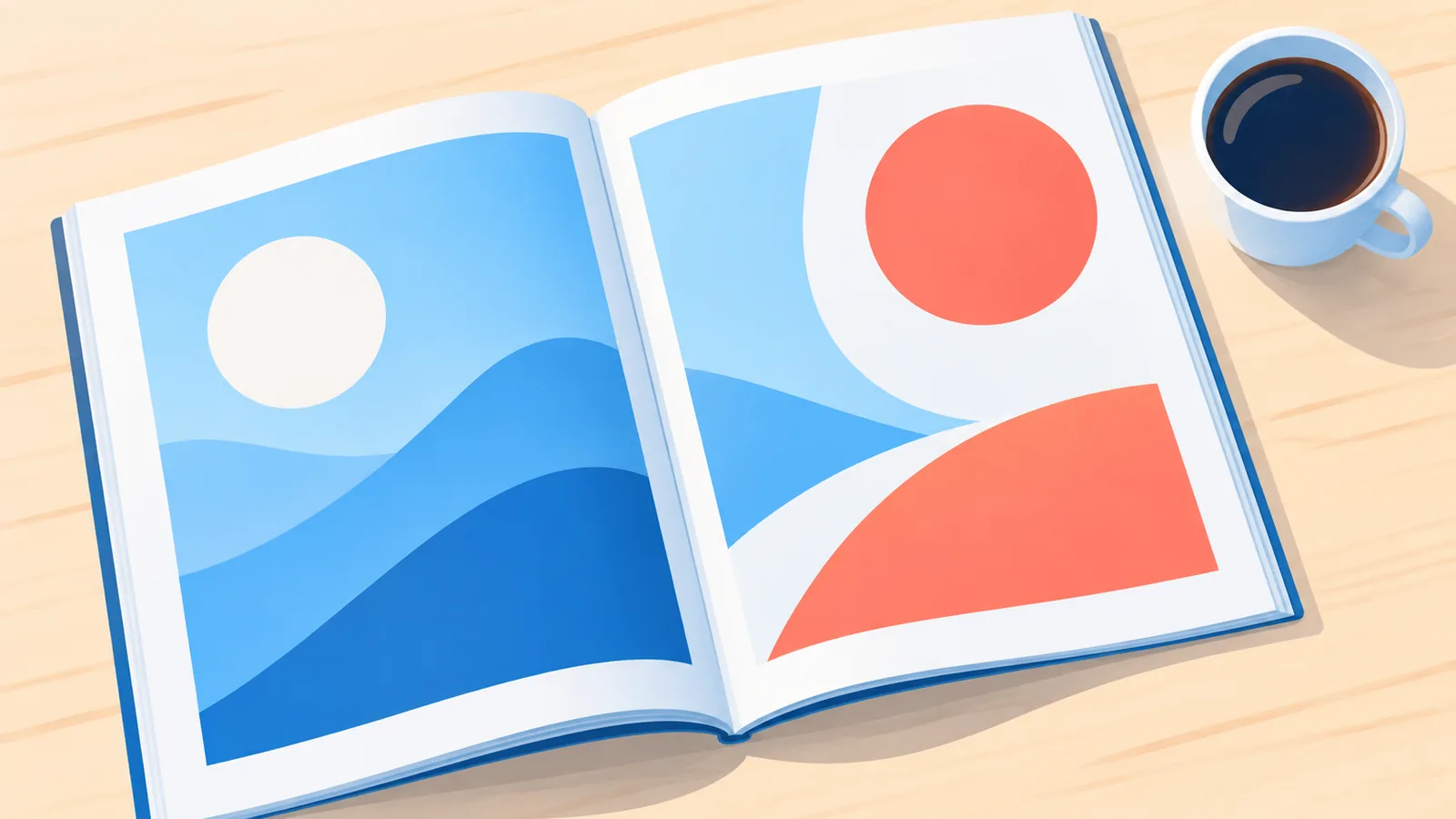 Open magazine on a desk beside a coffee cup