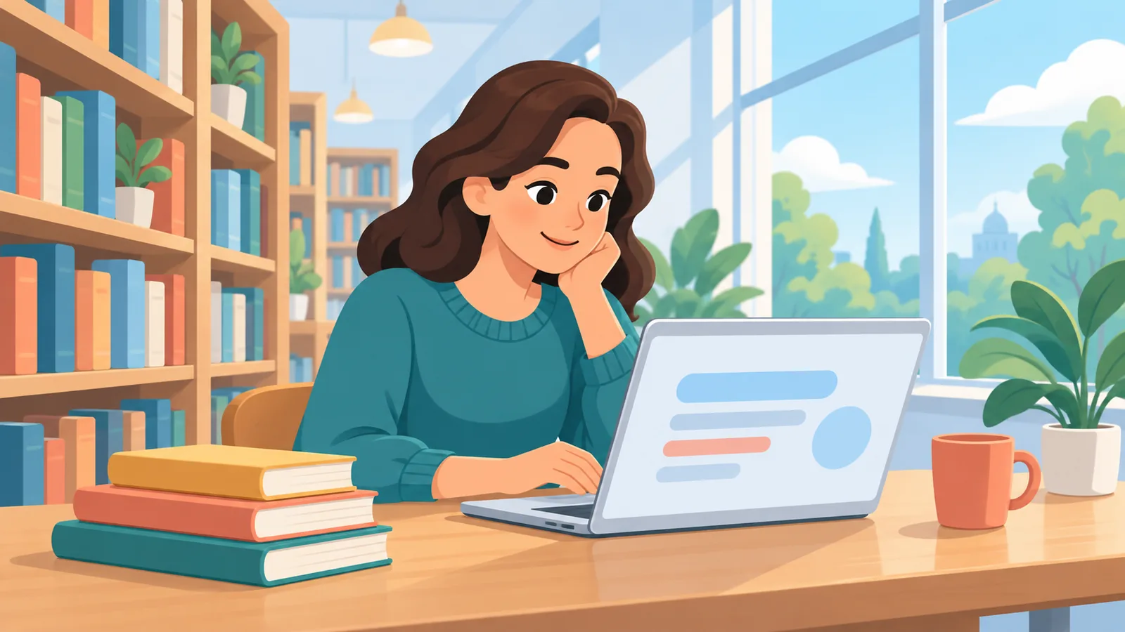Person reading on a laptop at a library table