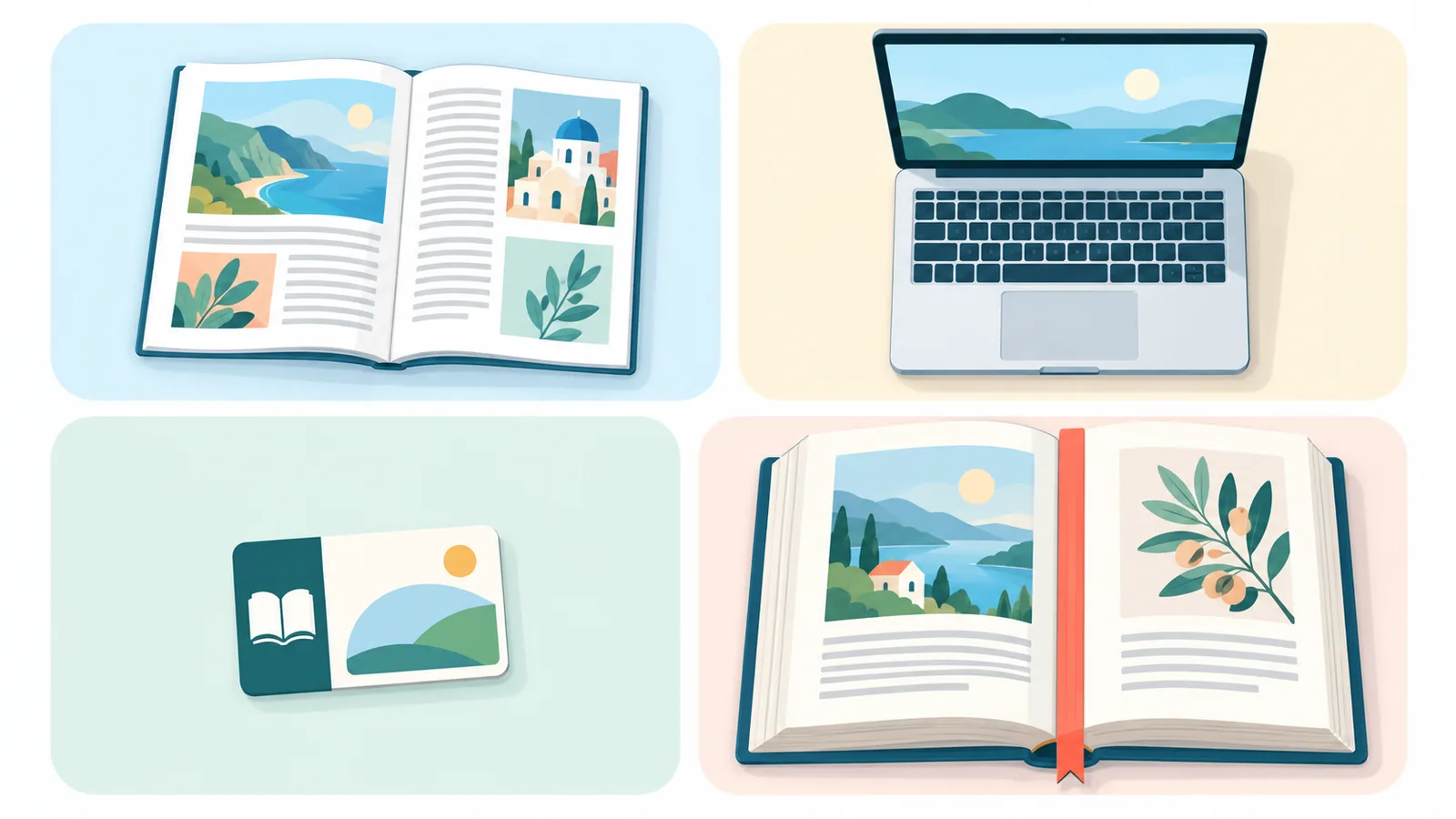 Four ways to read laid out on a table