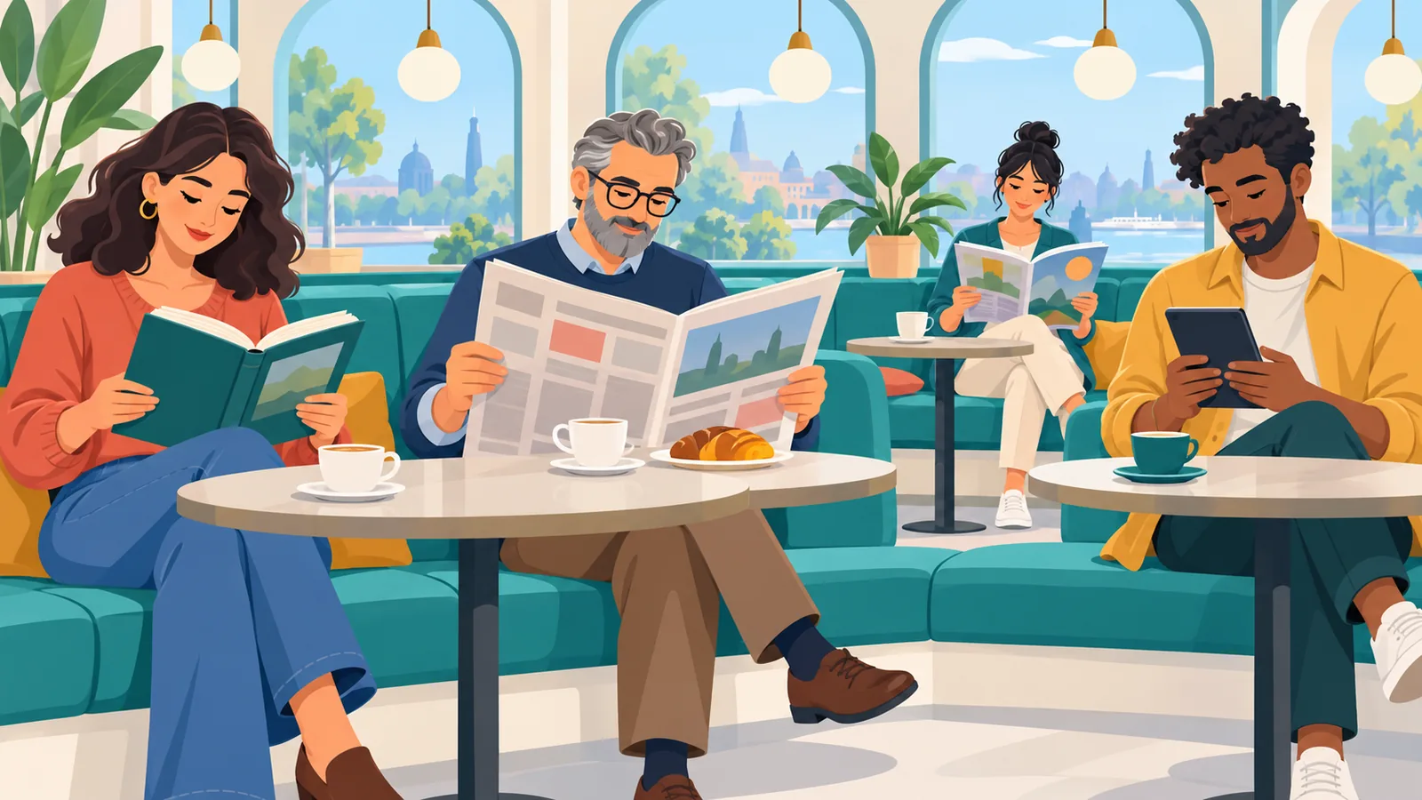 Readers in a cafe using different reading formats