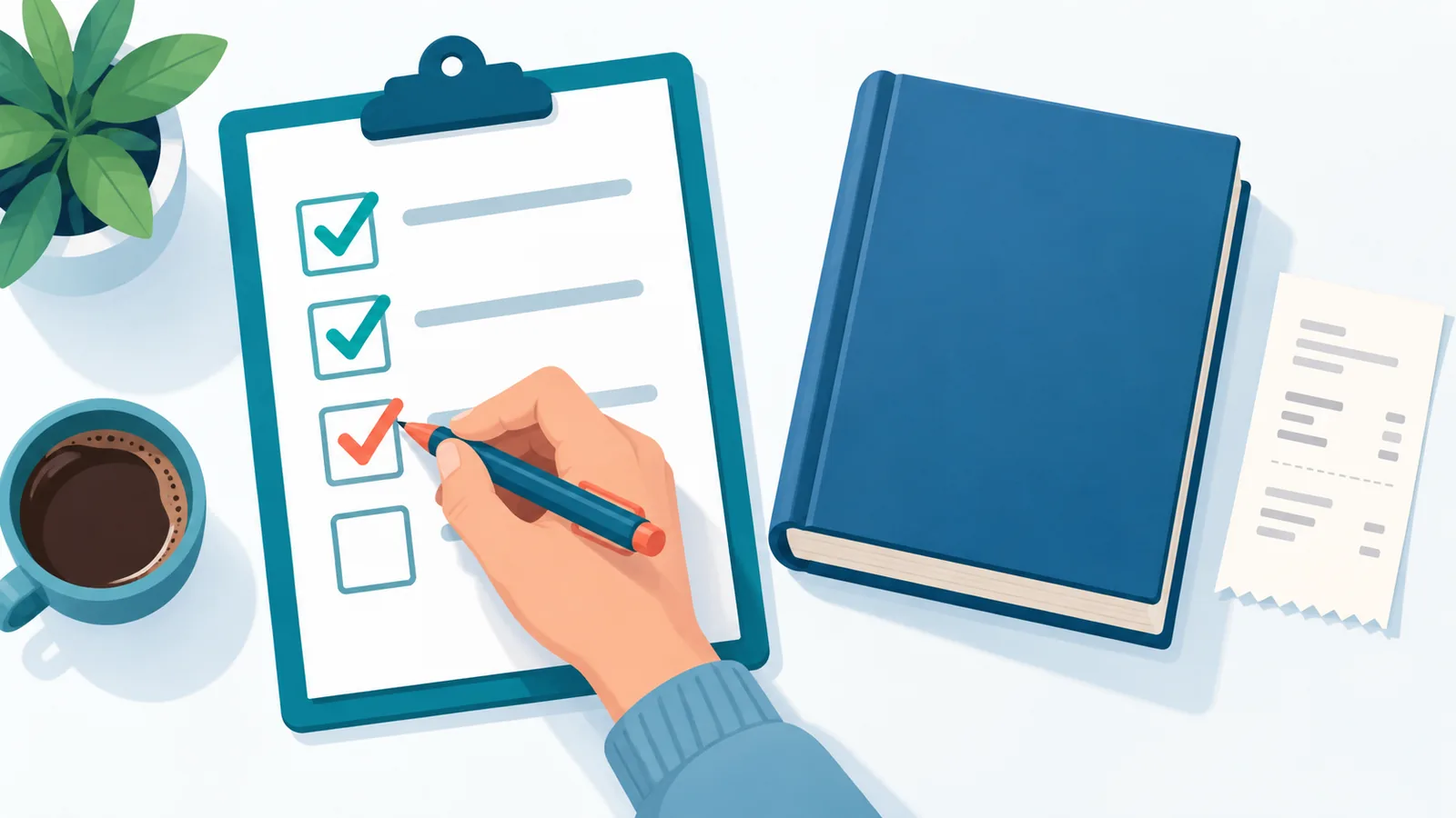 Checklist beside a hardcover book and receipt