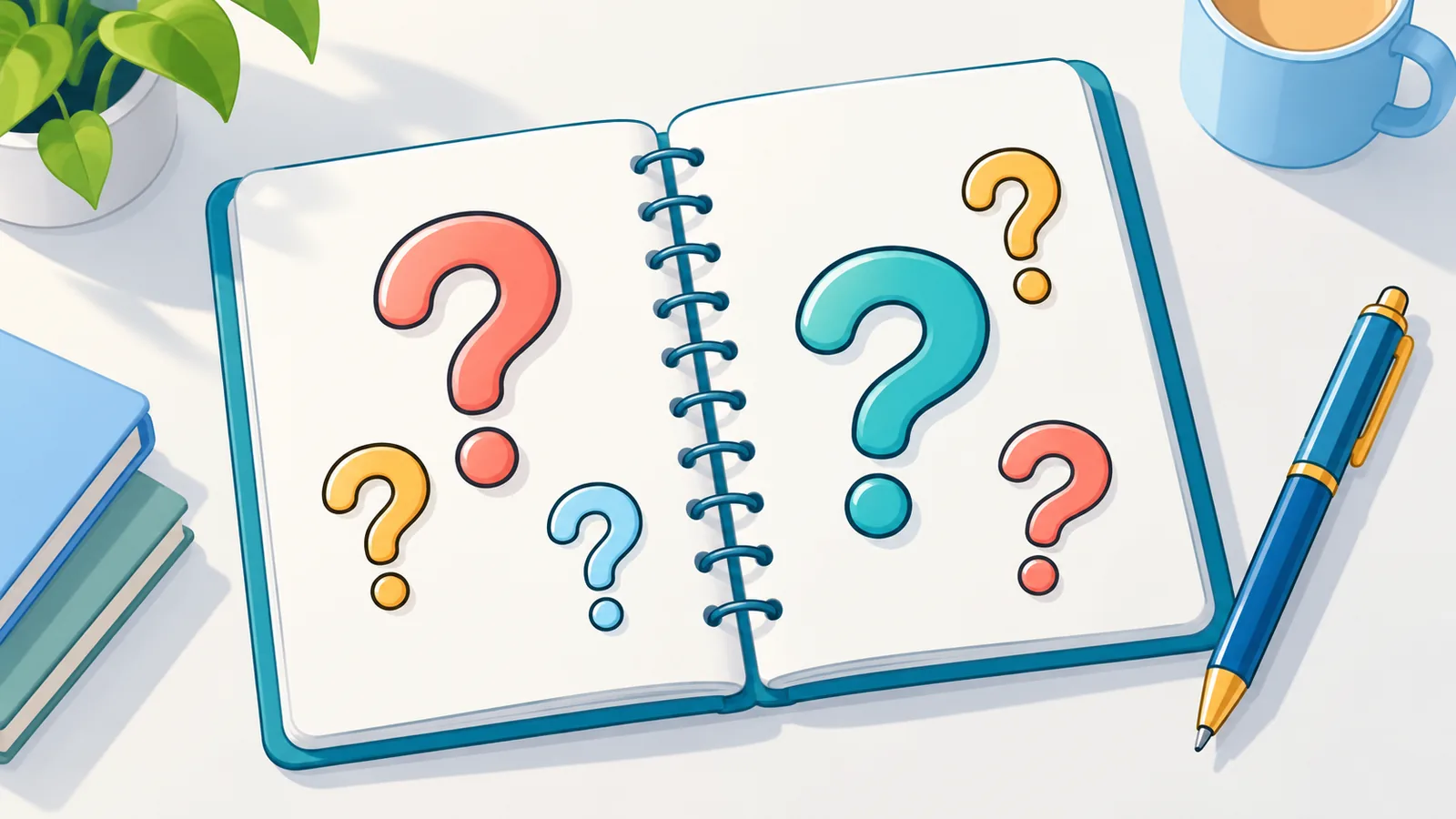 Notebook with question marks and a pen