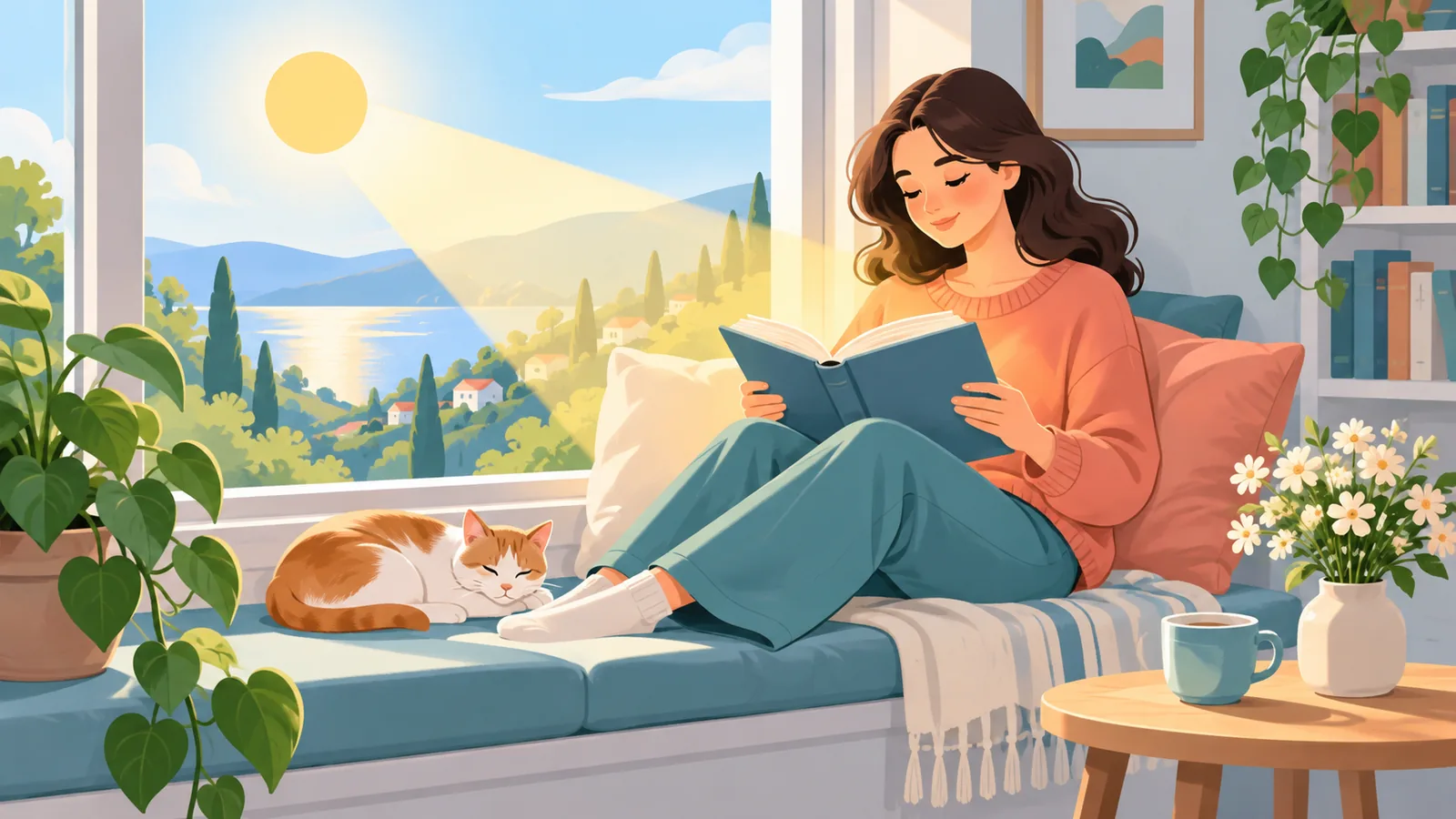 Person opening a book at a sunny window seat
