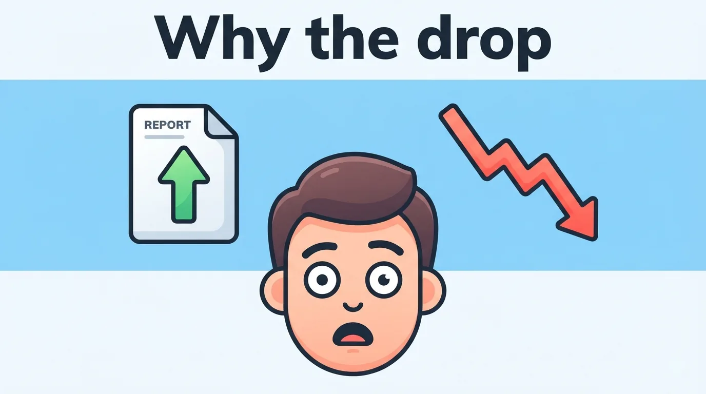 A puzzled trader sees a positive economic report beside a falling stock price.