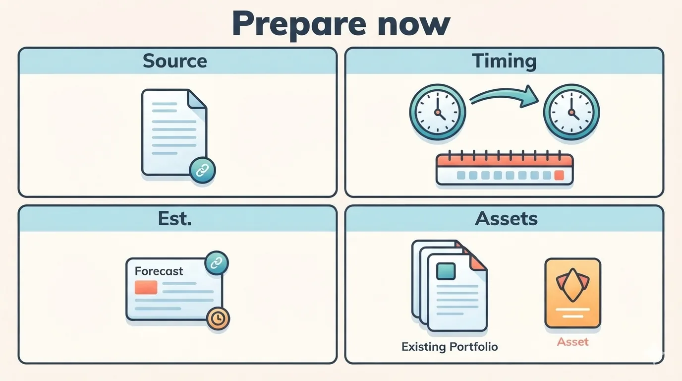 A four-part preparation sheet organizes the source, timing, forecast, and existing holdings before a release.