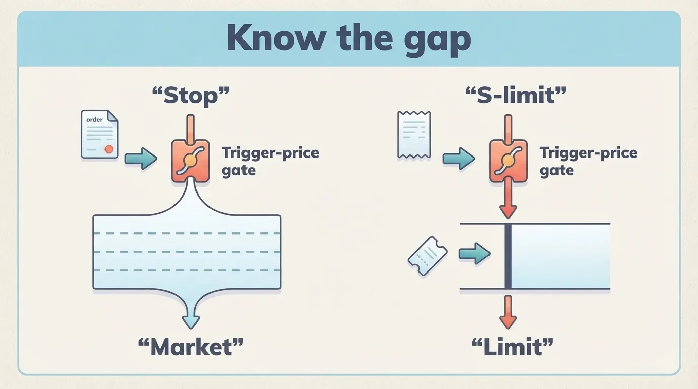 A stop becomes a market order after triggering; a stop-limit becomes a limit order that may remain unfilled.