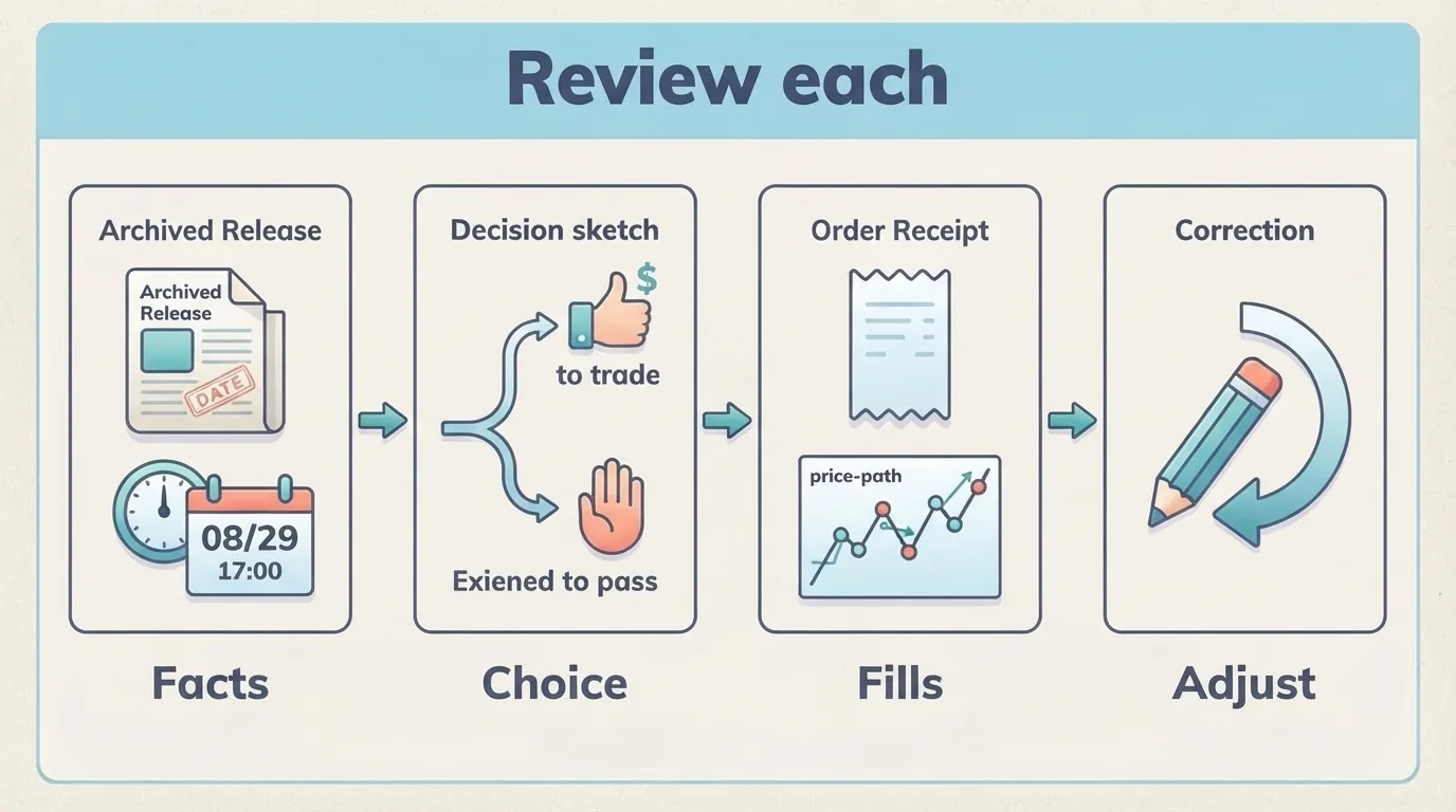 A review sheet separates release-time facts, the trading decision, execution results, and changes for next tim
