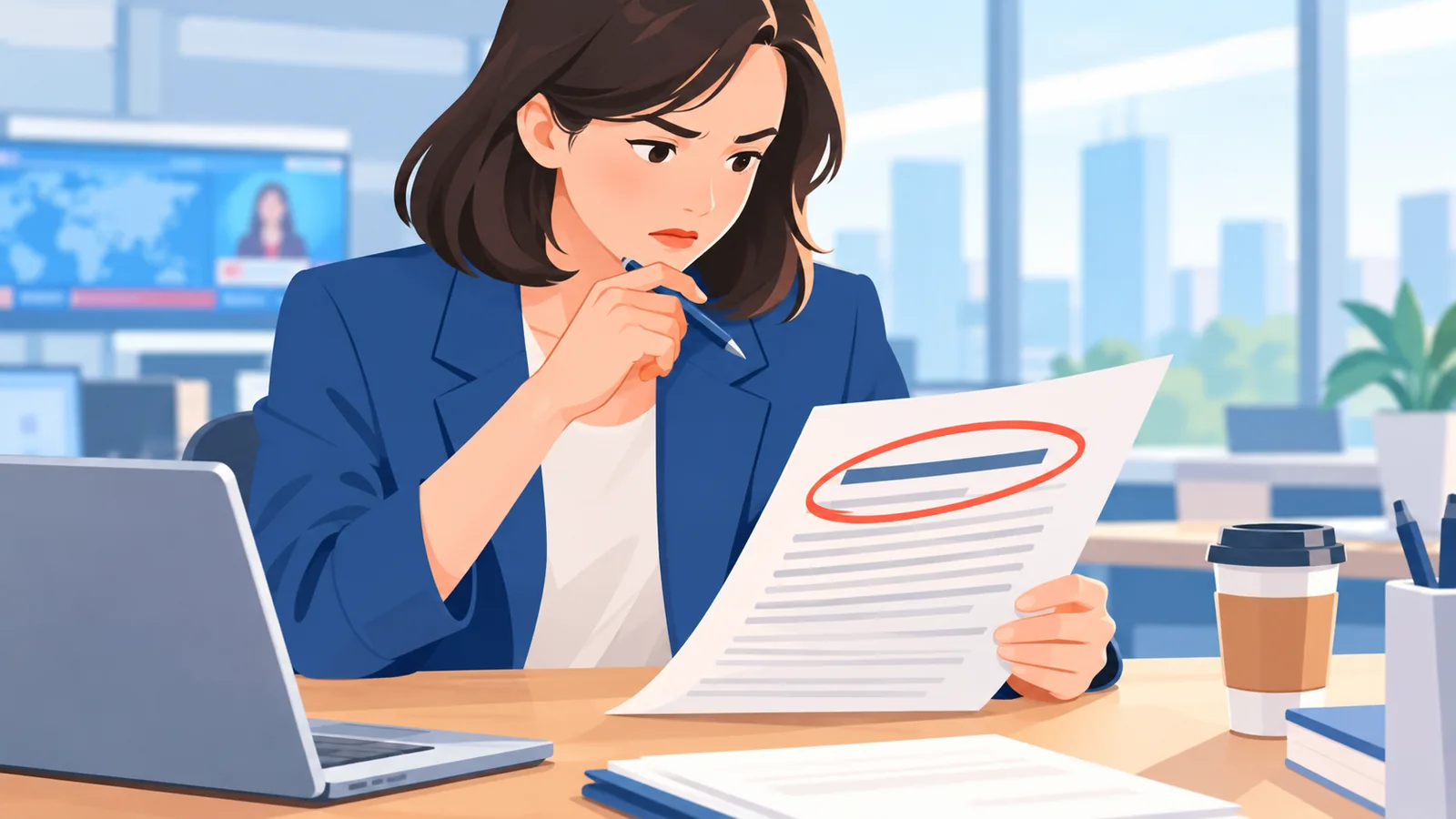 Journalist circling a headline on a printed article draft