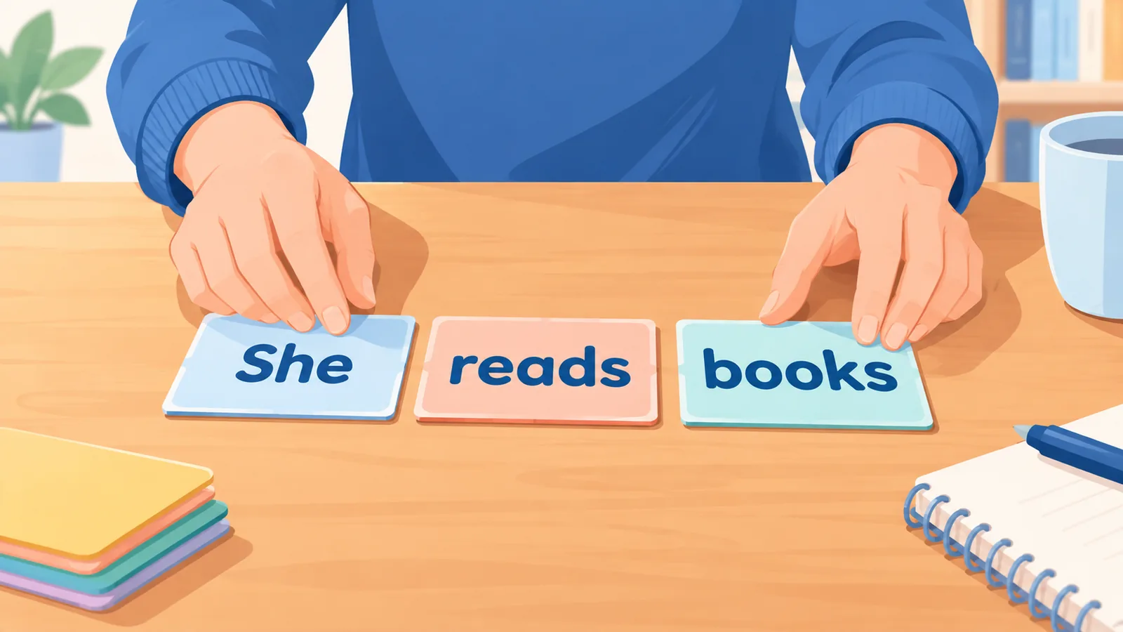 Hands arranging word cards into a short headline sentence