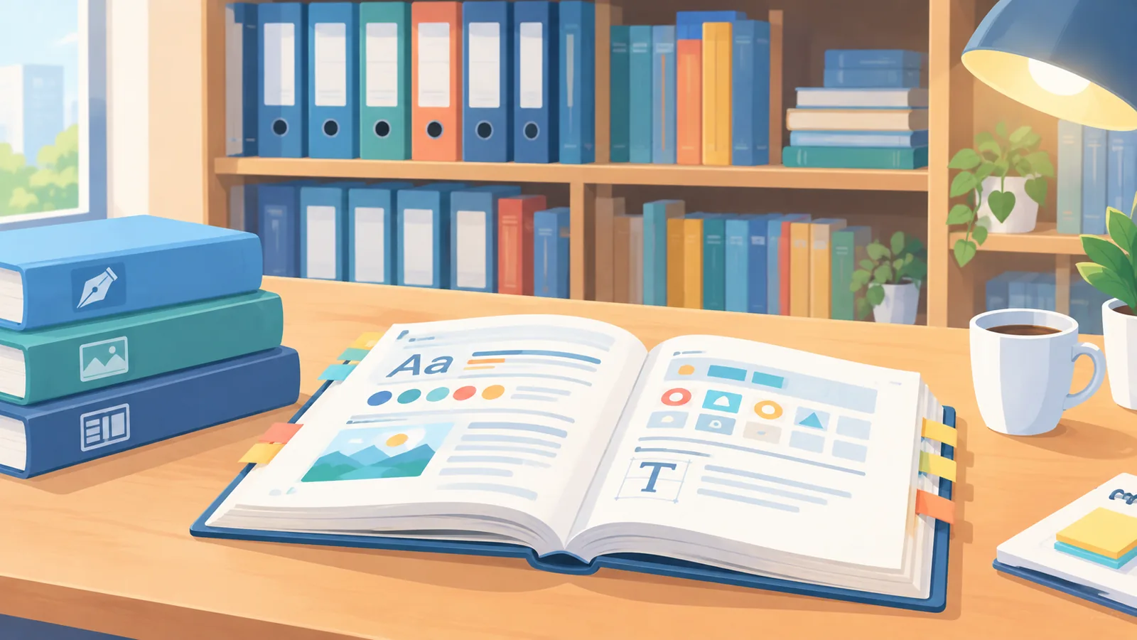 Newsroom style guides on a shelf with one open on a table