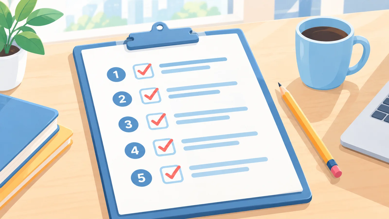 Handwritten checklist with ticked items on a clipboard