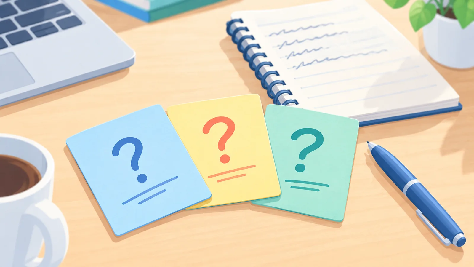 Index cards with question marks and a notebook on a desk