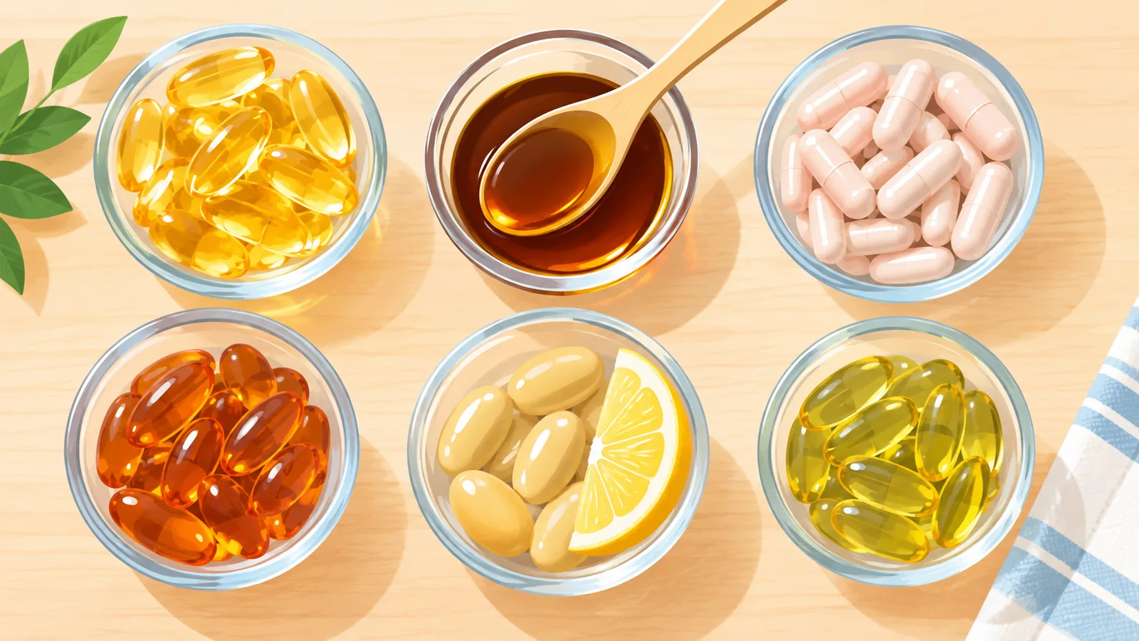 Six types of omega-3 supplements arranged in small dishes on a wooden table