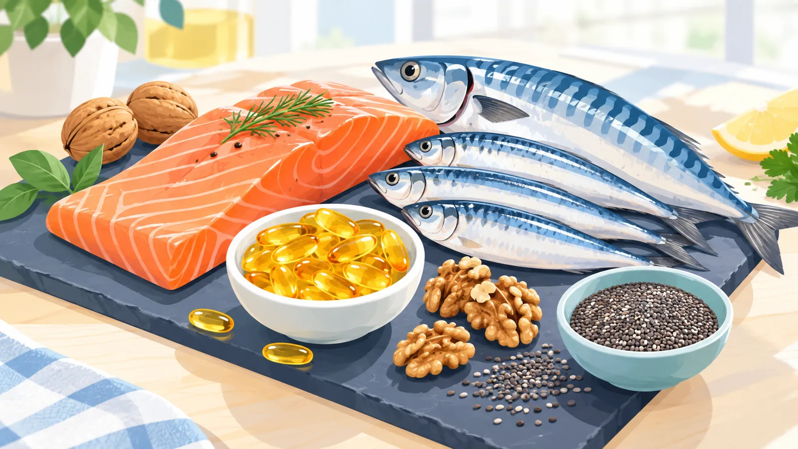 Fatty fish and plant omega-3 foods next to fish oil softgels