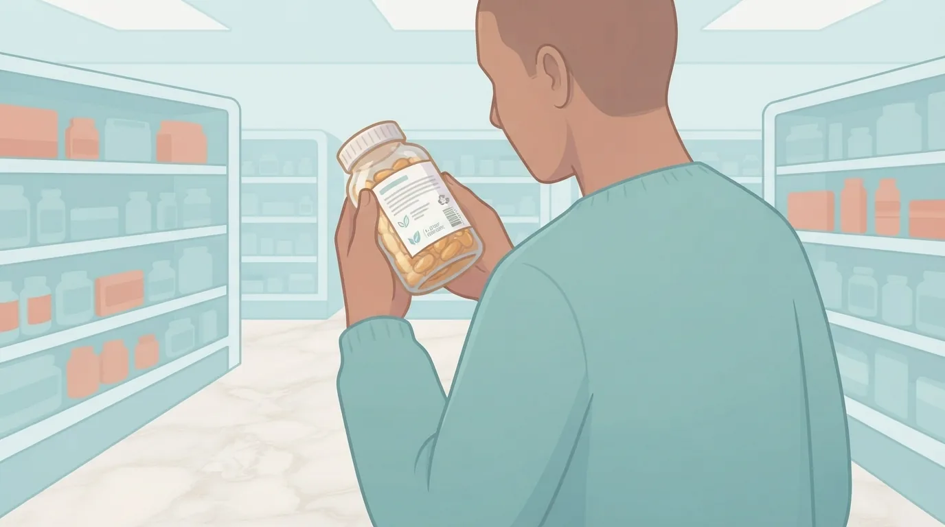 Fish oil bottle stored on a cool dark kitchen shelf