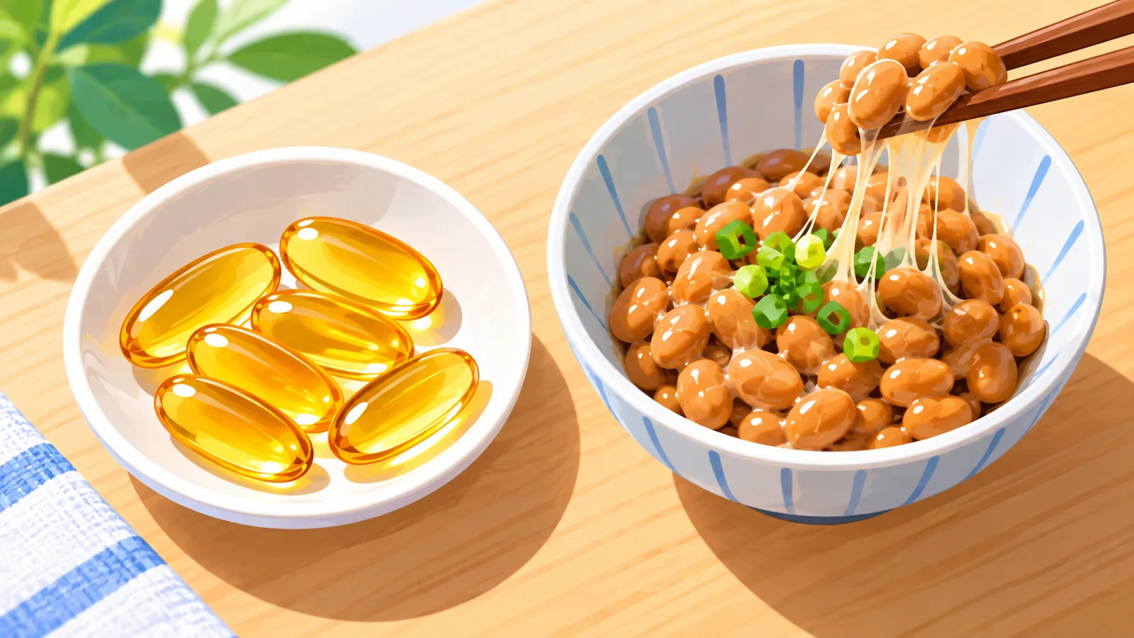 Softgel capsules next to a small bowl of natto on a light wooden table