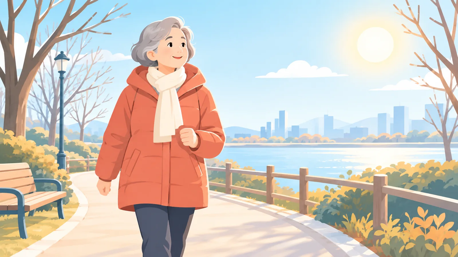Older adult walking outdoors in winter sunlight