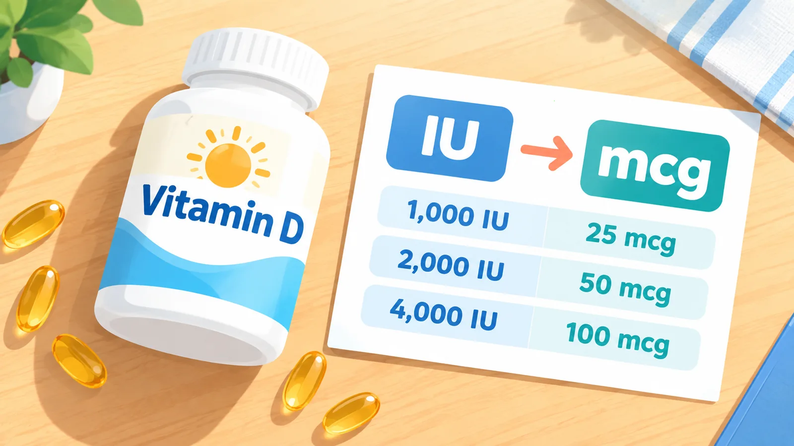 Supplement bottle label beside a card showing IU and mcg