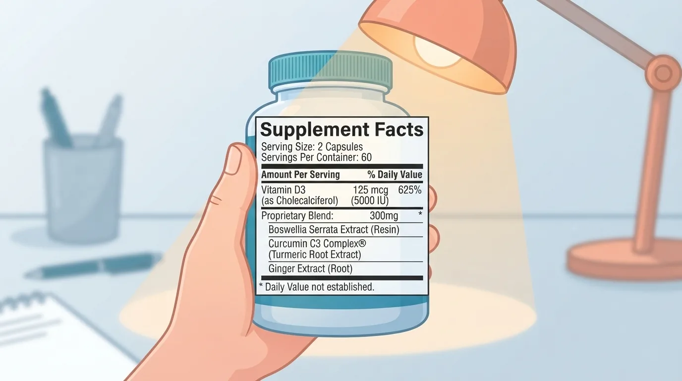 Hand holding a supplement facts panel under a desk lamp