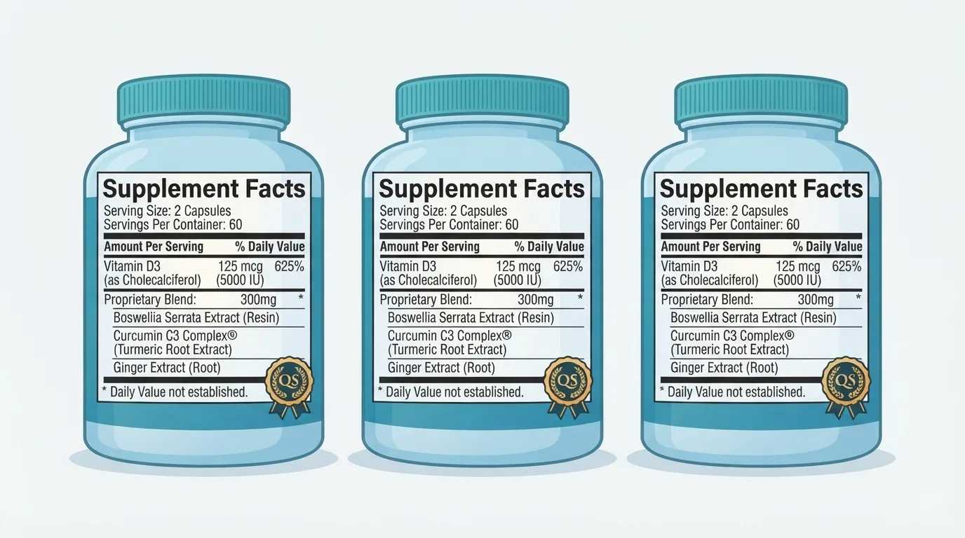 Three supplement bottles with quality seal icons on the labels